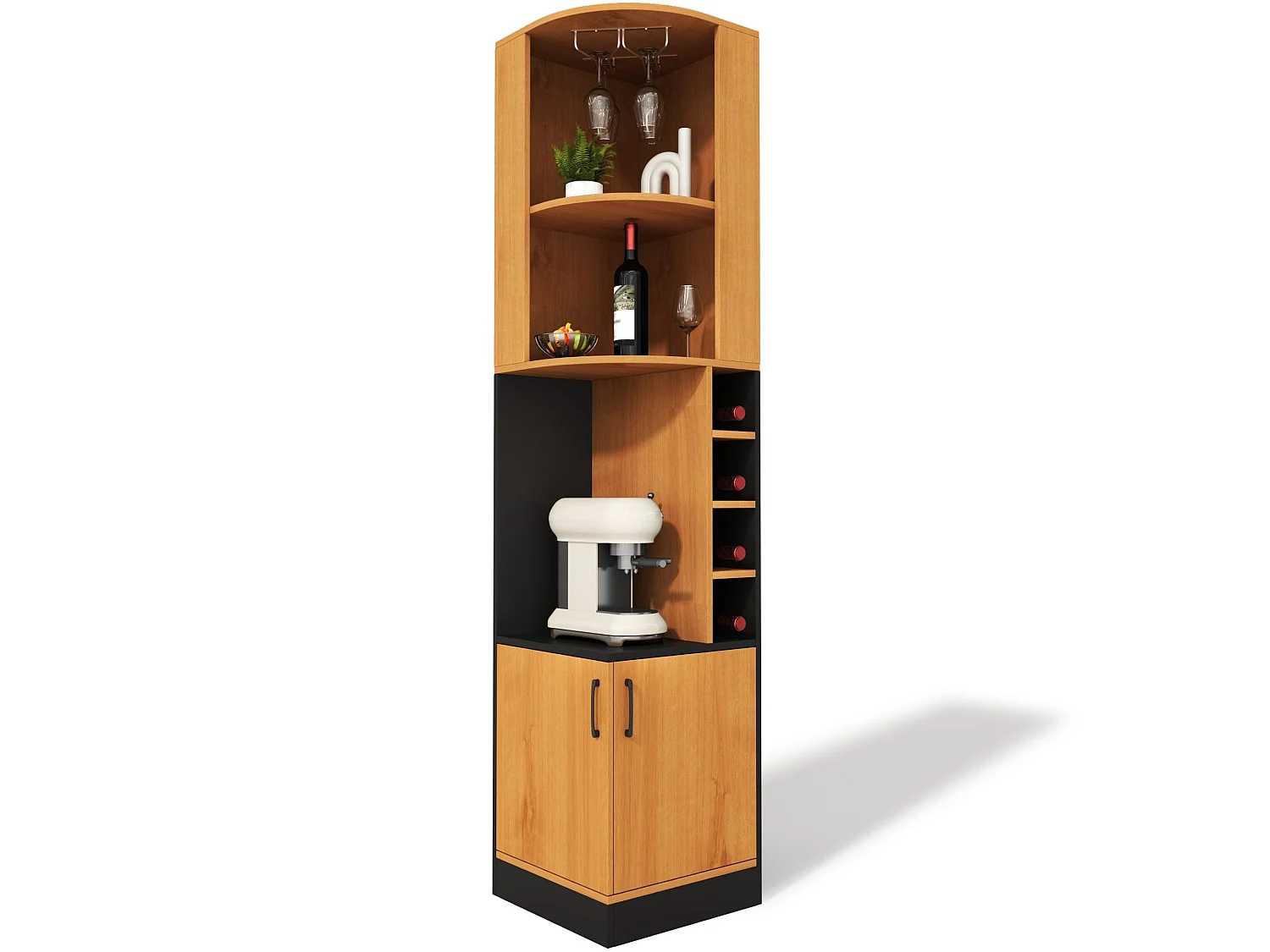 Armoire à vin d angle 182 cm avec porte verres, casiers à bouteilles, étagères ouvertes et meuble deux portes