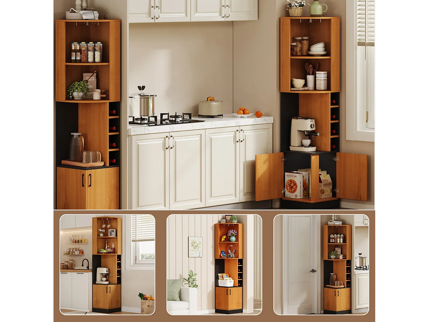 Armoire à vin d angle 182 cm avec porte verres, casiers à bouteilles, étagères ouvertes et meuble deux portes