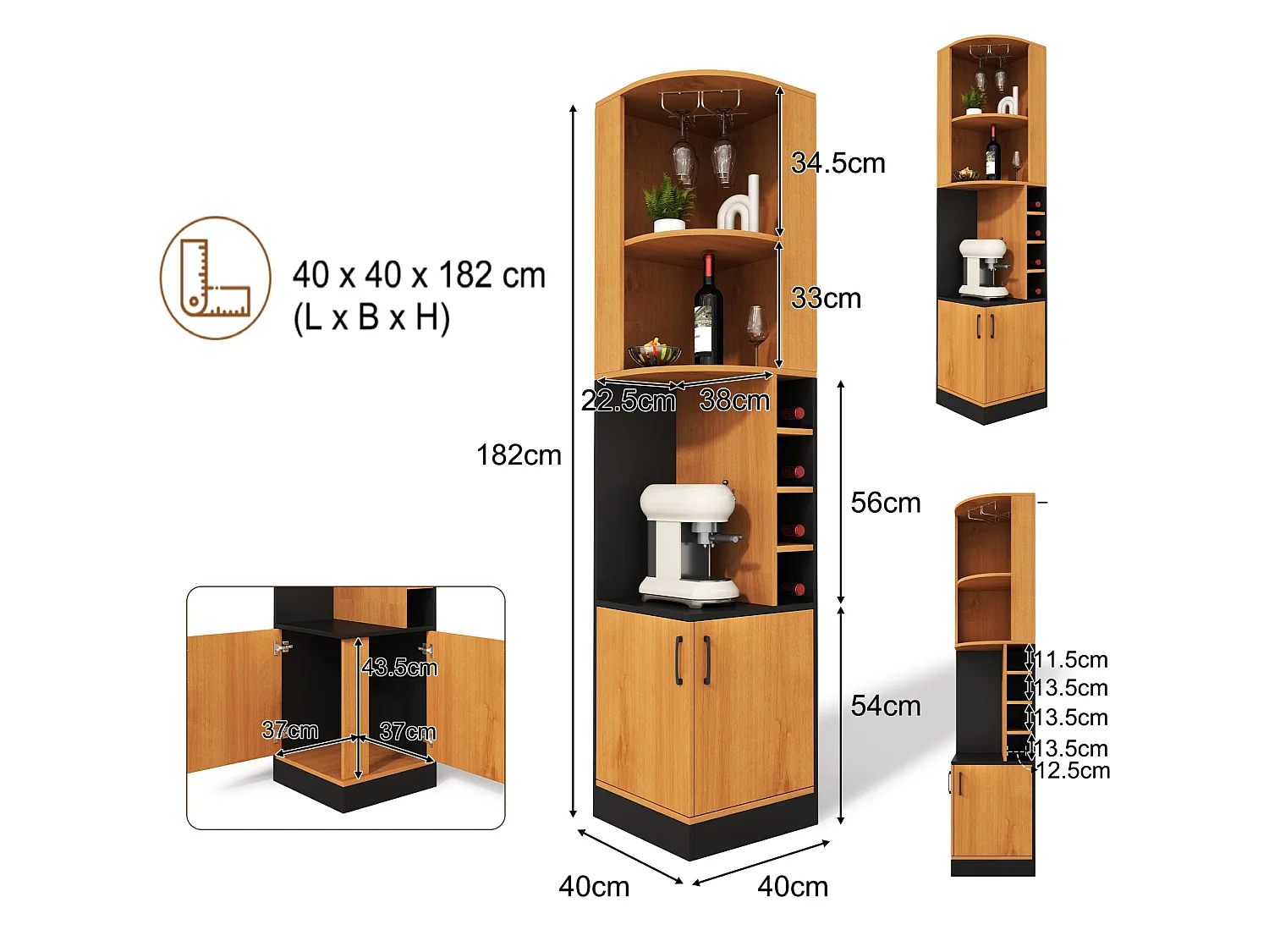 Armoire à vin d angle 182 cm avec porte verres, casiers à bouteilles, étagères ouvertes et meuble deux portes