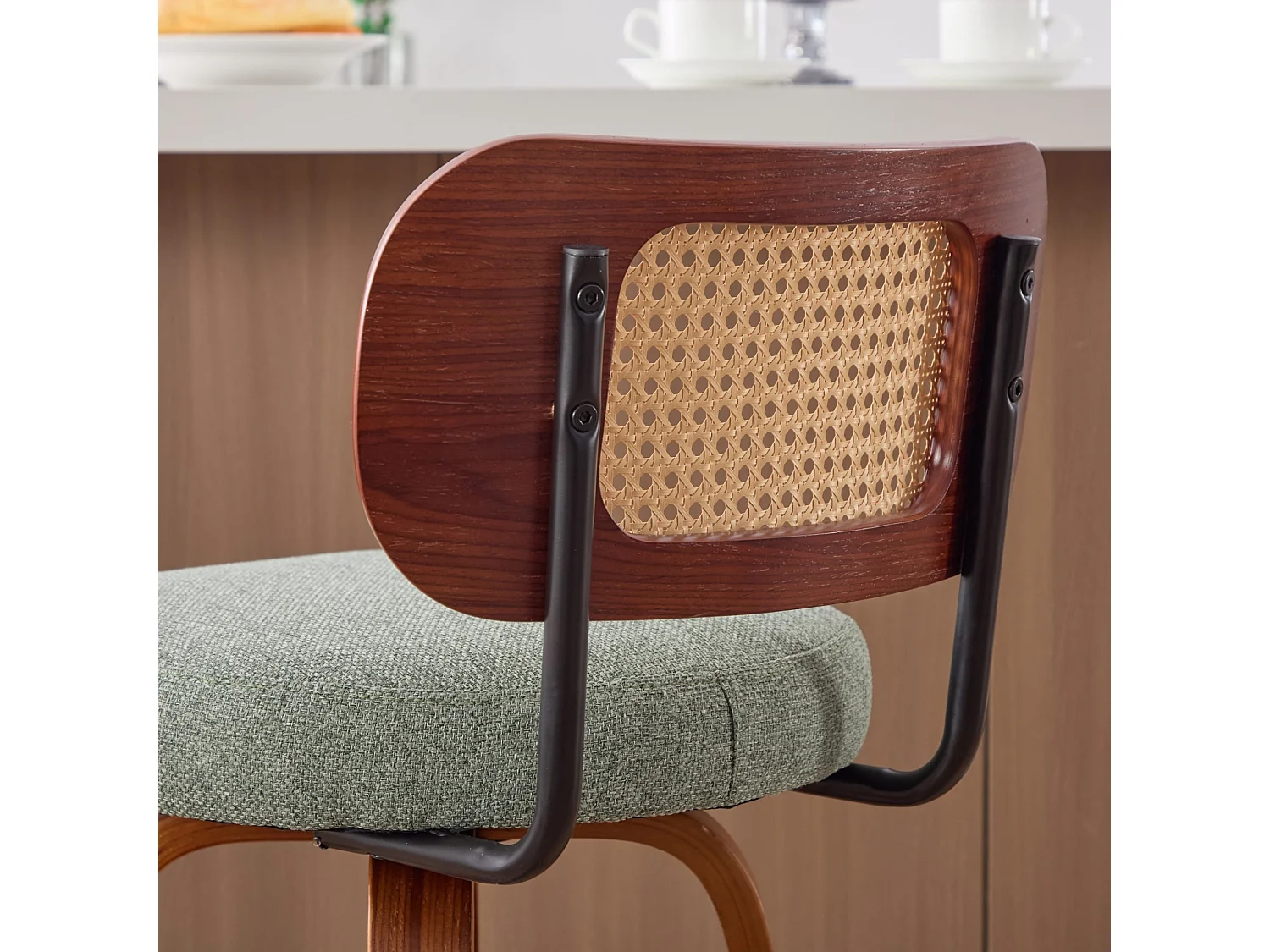 Lot de 3 tabourets de bar en velours avec dossier PE rotin et 360 d rotation