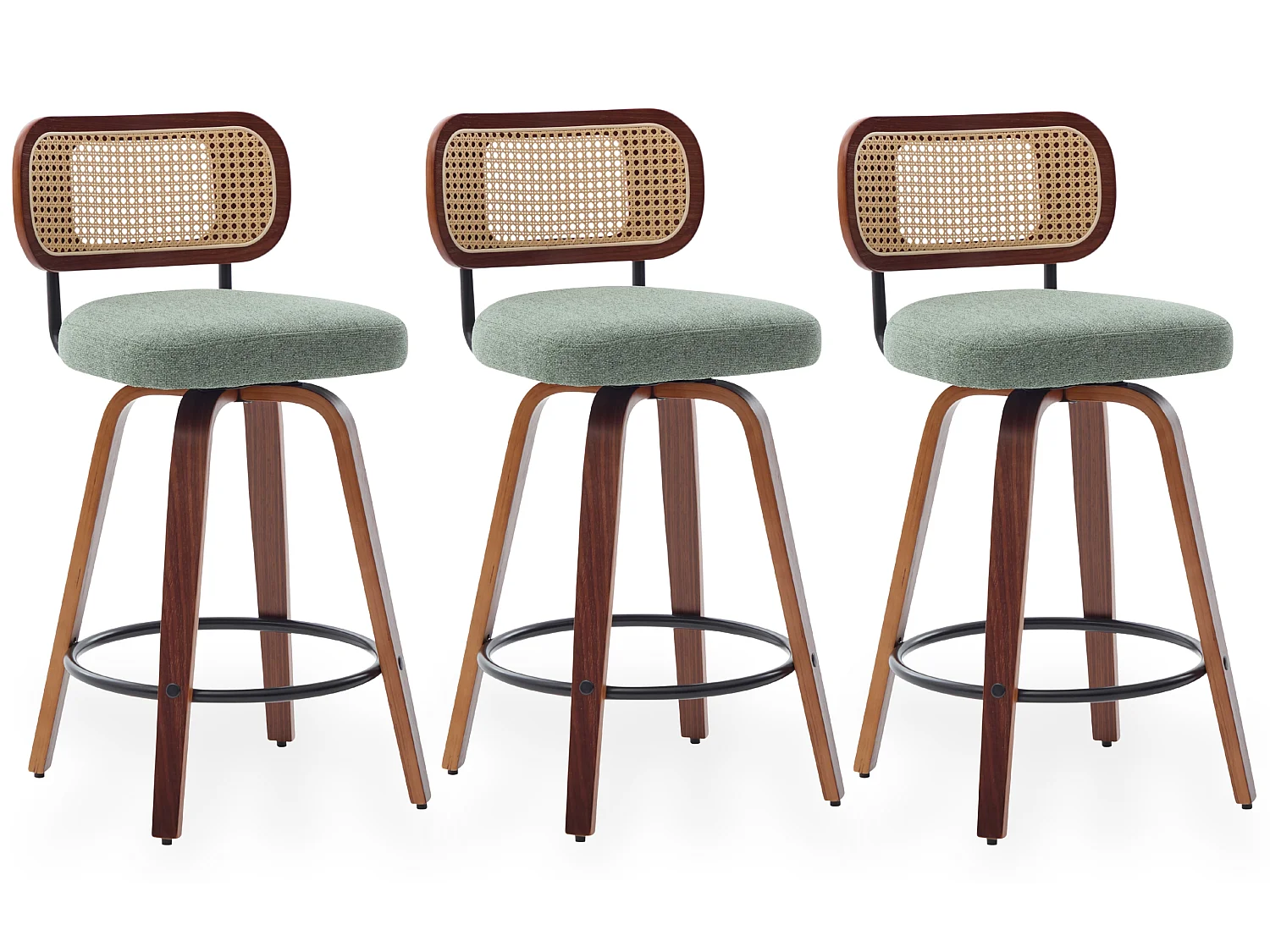 Lot de 3 tabourets de bar en velours avec dossier PE rotin et 360 d rotation