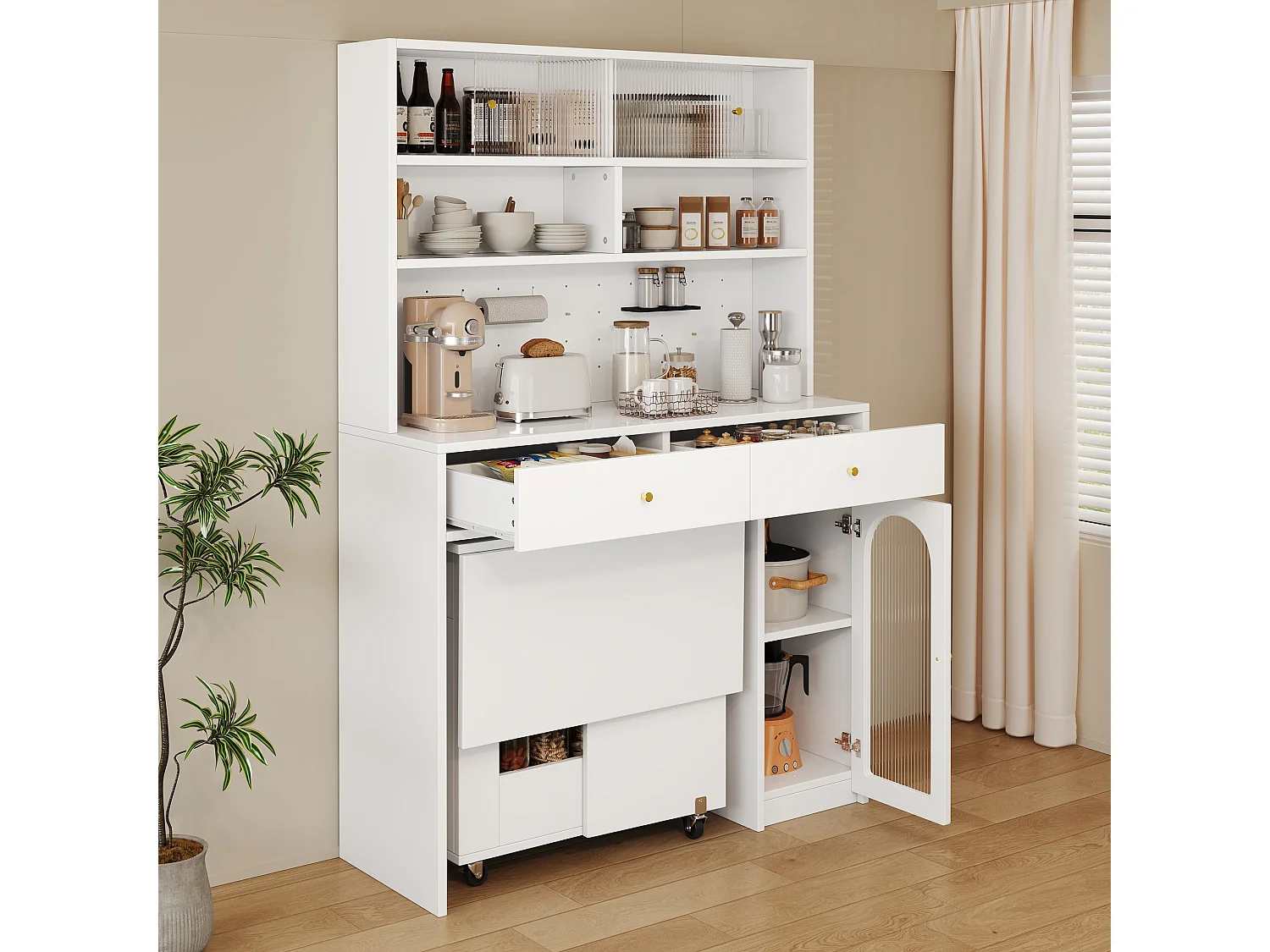 Armoire haute de cuisine 180 cm avec plan de travail, espace pour table pliante, portes vitrées striées coulissantes et 2 tiroirs