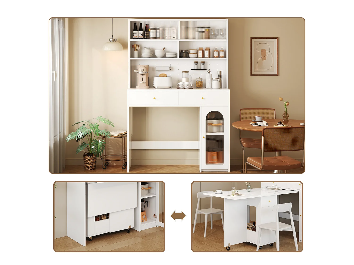 Armoire haute de cuisine 180 cm avec plan de travail, espace pour table pliante, portes vitrées striées coulissantes et 2 tiroirs