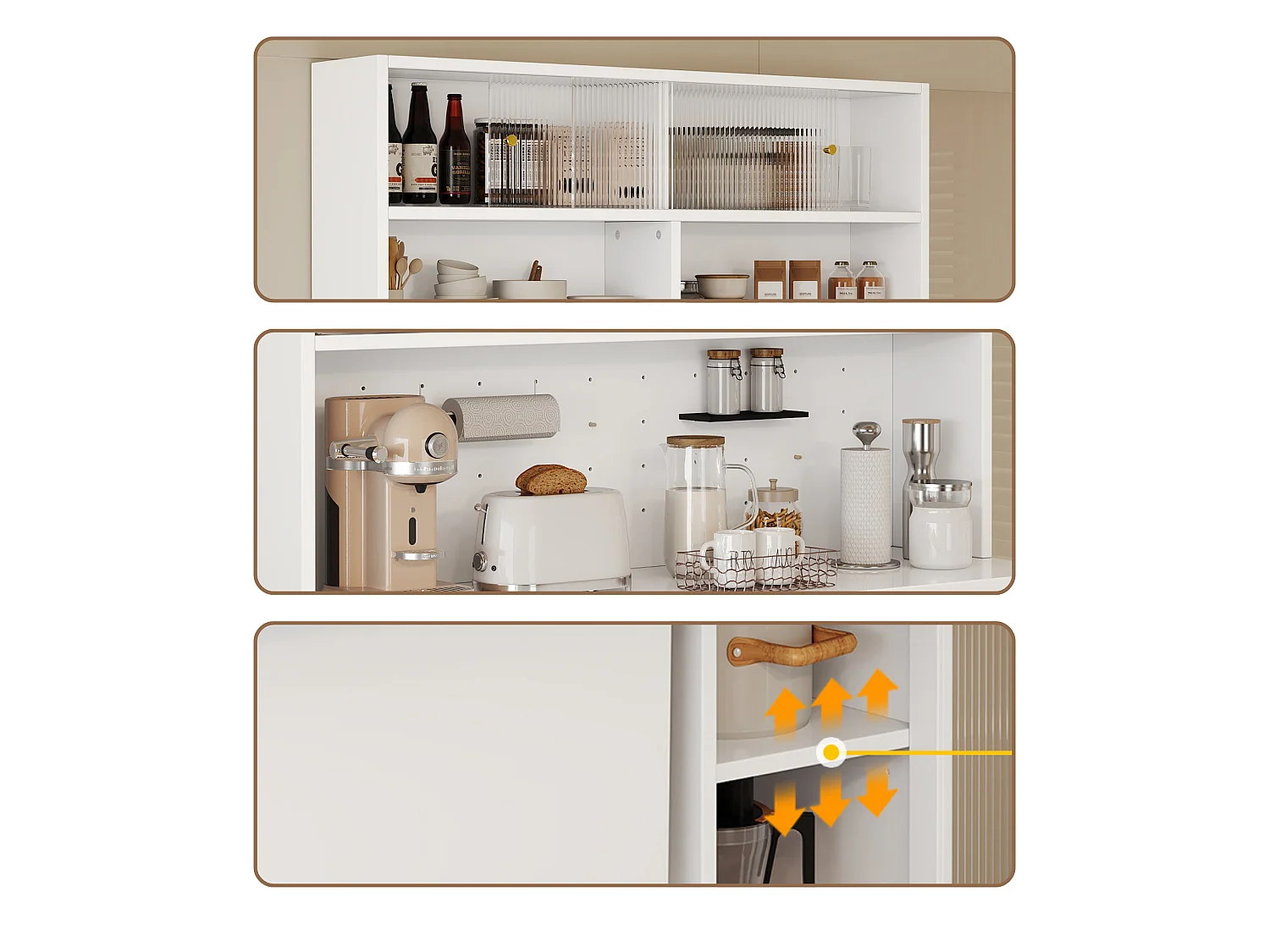 Armoire haute de cuisine 180 cm avec plan de travail, espace pour table pliante, portes vitrées striées coulissantes et 2 tiroirs