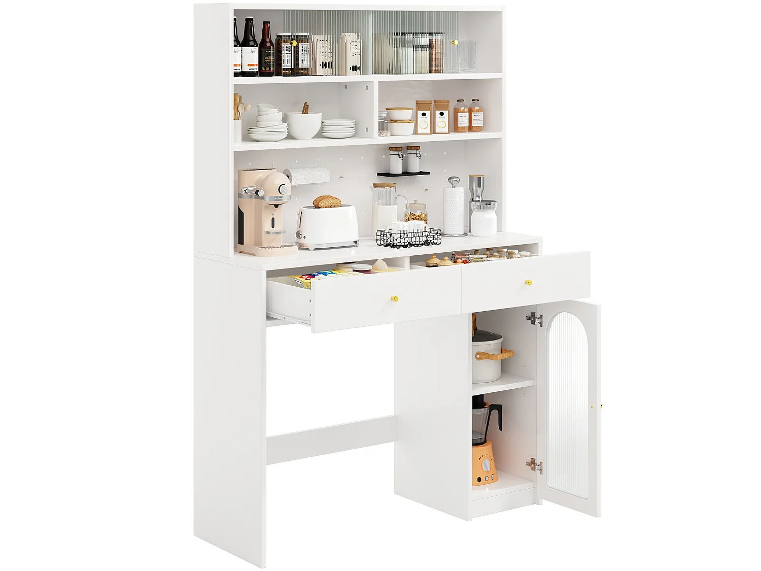 Armoire haute de cuisine 180 cm avec plan de travail, espace pour table pliante, portes vitrées striées coulissantes et 2 tiroirs