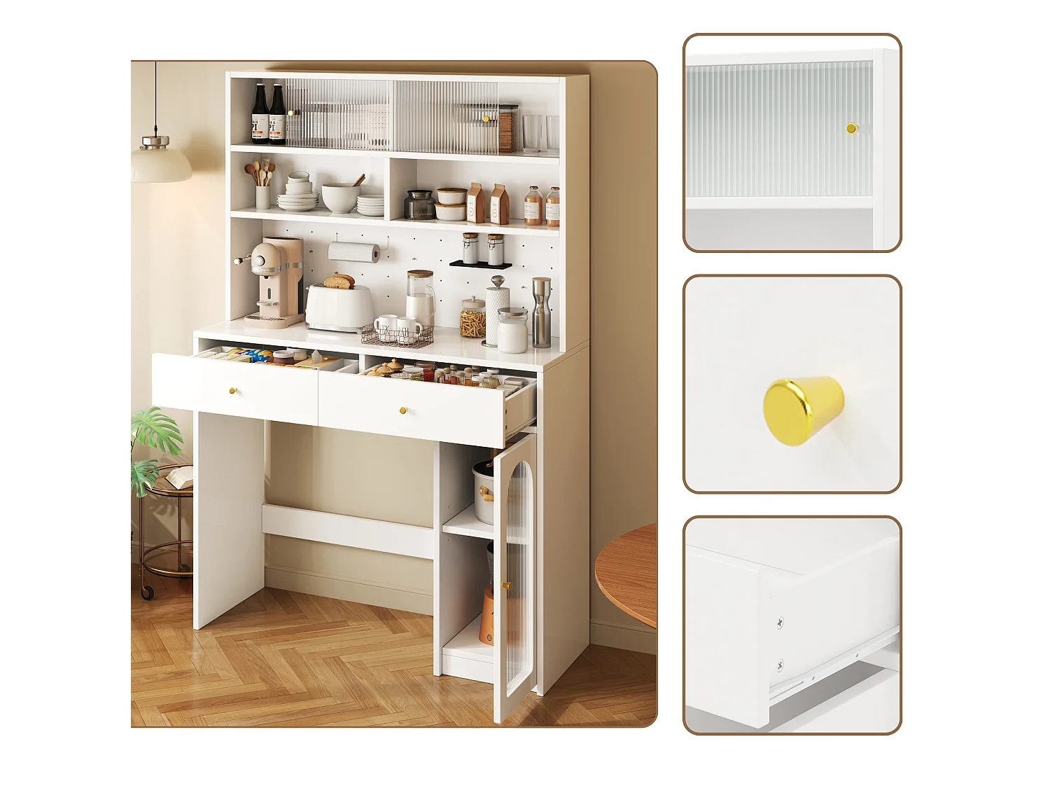 Armoire haute de cuisine 180 cm avec plan de travail, espace pour table pliante, portes vitrées striées coulissantes et 2 tiroirs