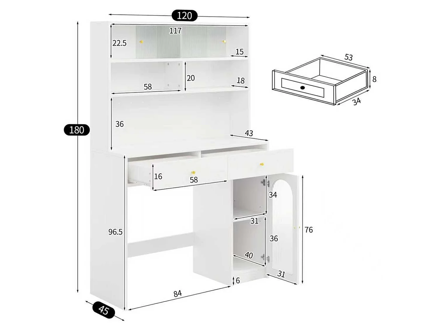 Armoire haute de cuisine 180 cm avec plan de travail, espace pour table pliante, portes vitrées striées coulissantes et 2 tiroirs