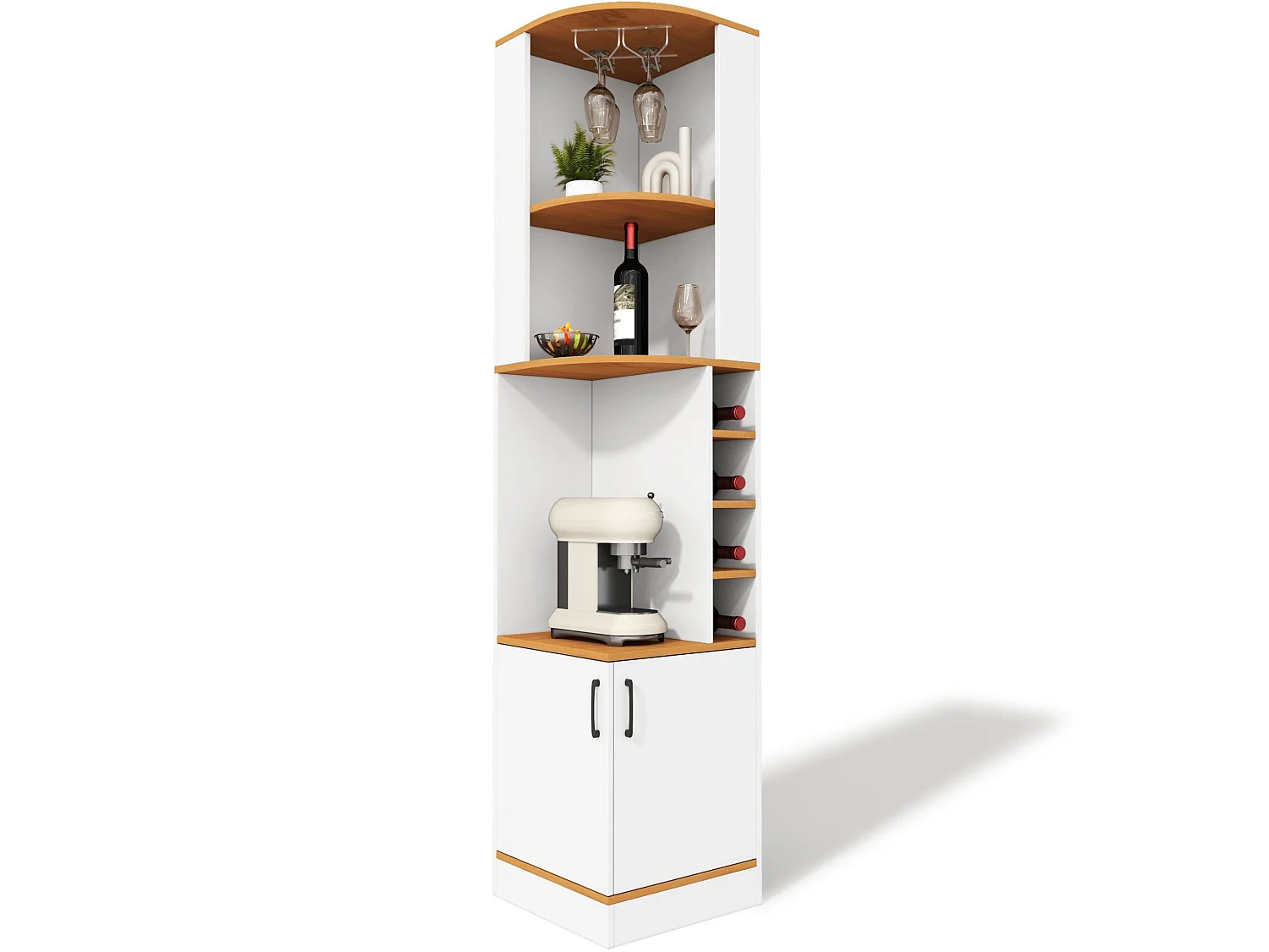 Armoire à vin d angle 182 cm avec porte verres, casiers à bouteilles, étagères ouvertes et meuble deux portes