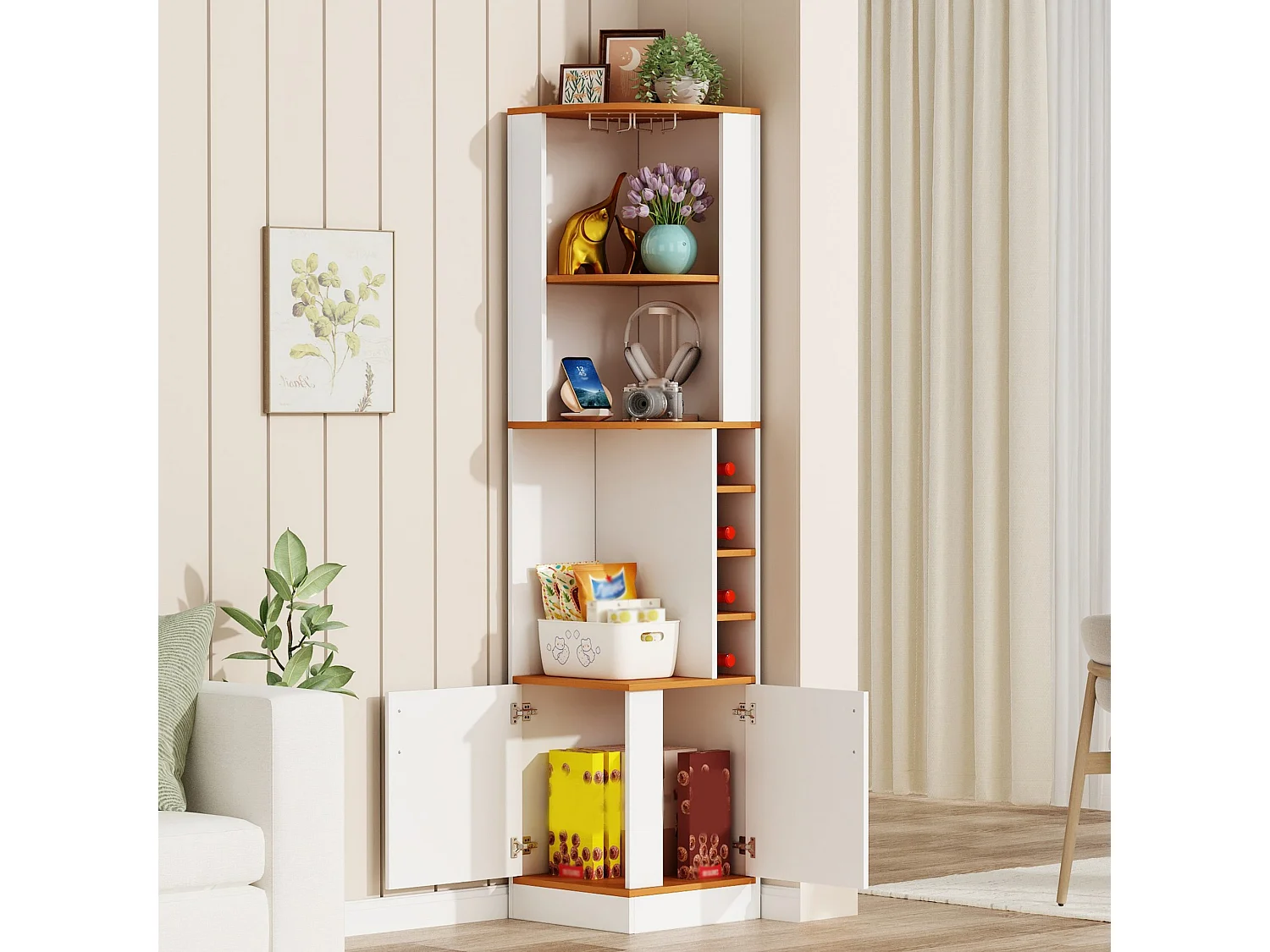 Armoire à vin d angle 182 cm avec porte verres, casiers à bouteilles, étagères ouvertes et meuble deux portes