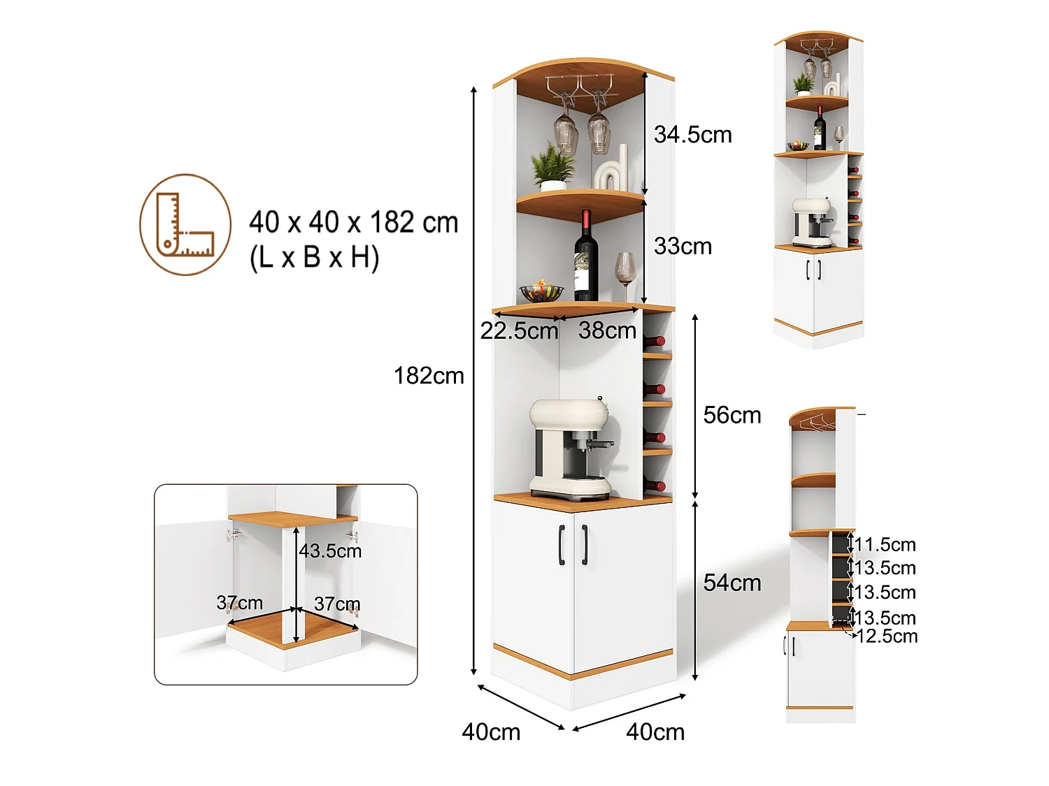 Armoire à vin d angle 182 cm avec porte verres, casiers à bouteilles, étagères ouvertes et meuble deux portes