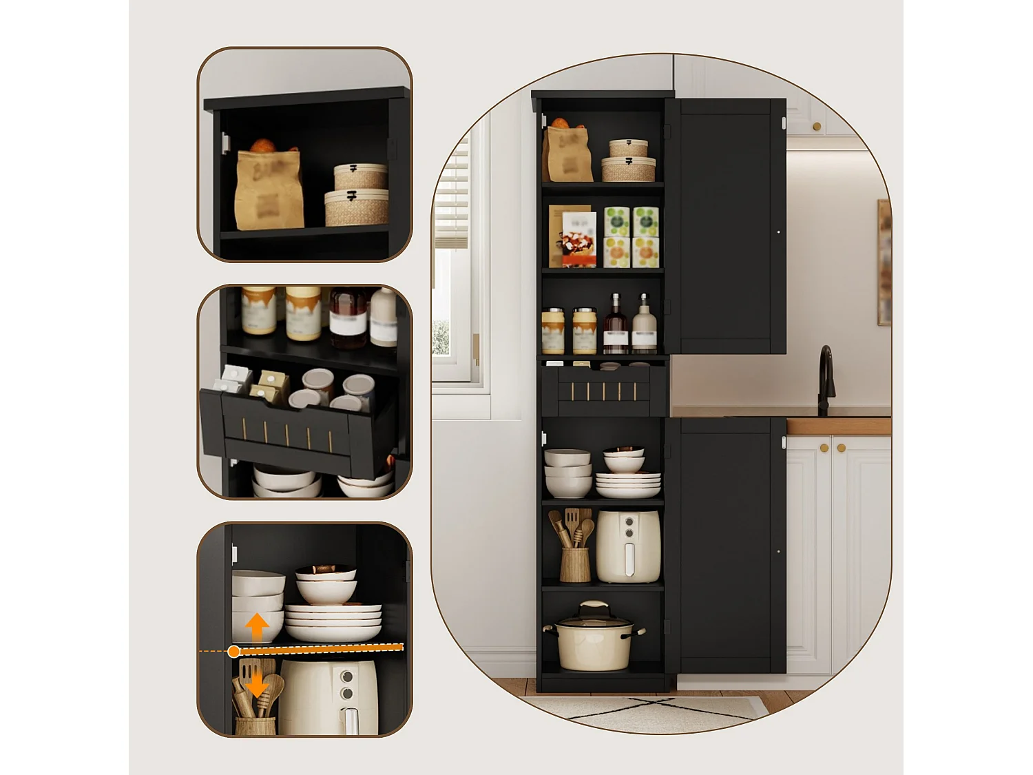 Armoire de cuisine 40 x 30 x 170 cm avec 6 compartiments, étagères réglables, tiroir et façades rainurées rétro