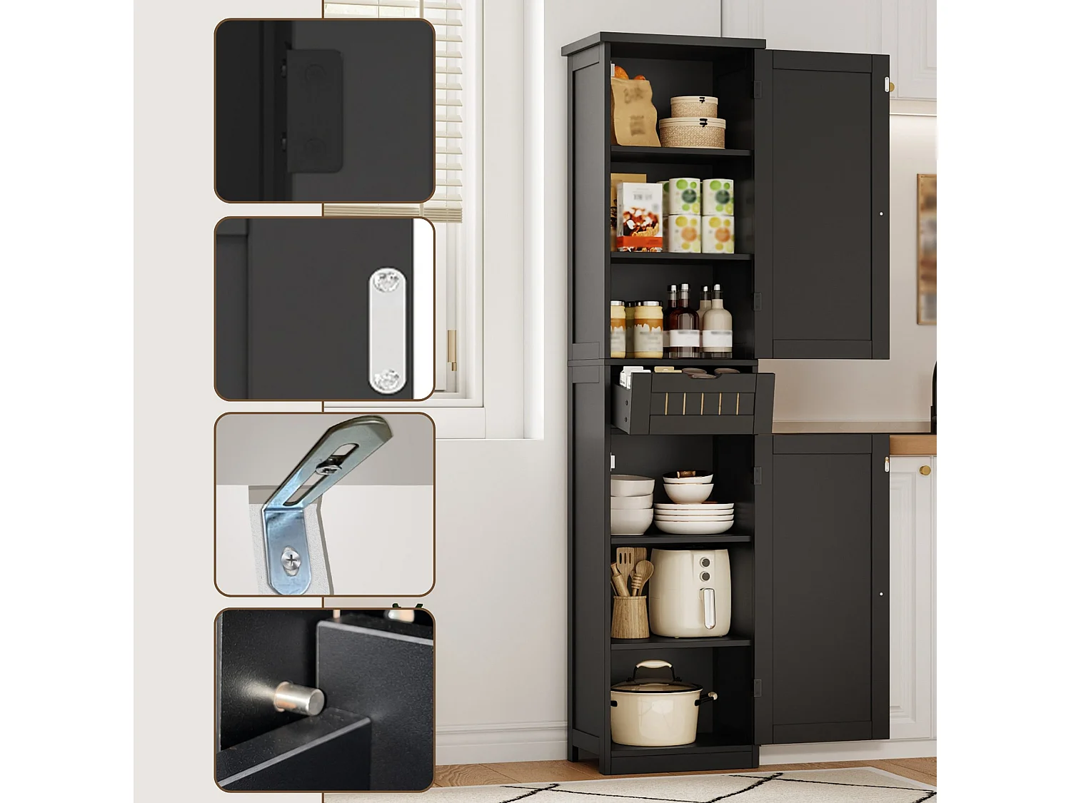Armoire de cuisine 40 x 30 x 170 cm avec 6 compartiments, étagères réglables, tiroir et façades rainurées rétro