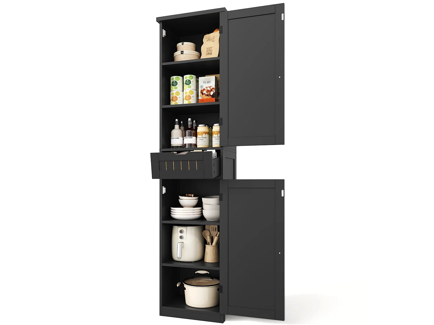 Armoire de cuisine 40 x 30 x 170 cm avec 6 compartiments, étagères réglables, tiroir et façades rainurées rétro