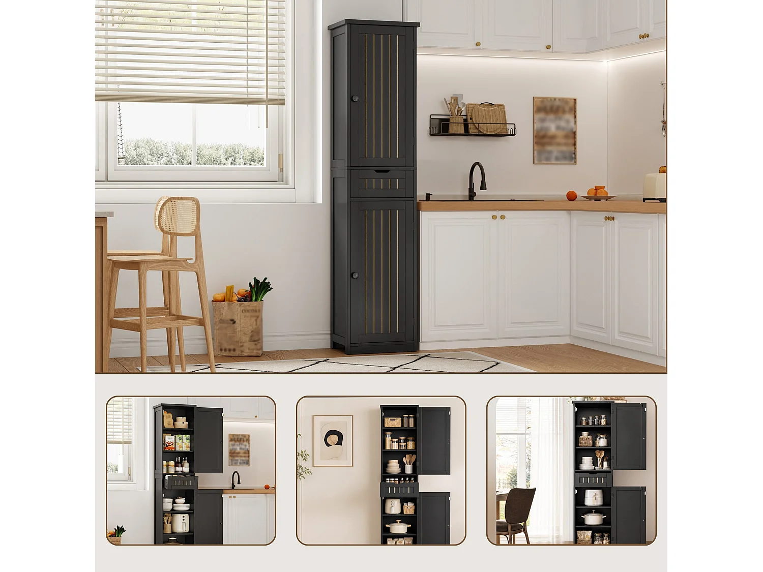 Armoire de cuisine 40 x 30 x 170 cm avec 6 compartiments, étagères réglables, tiroir et façades rainurées rétro