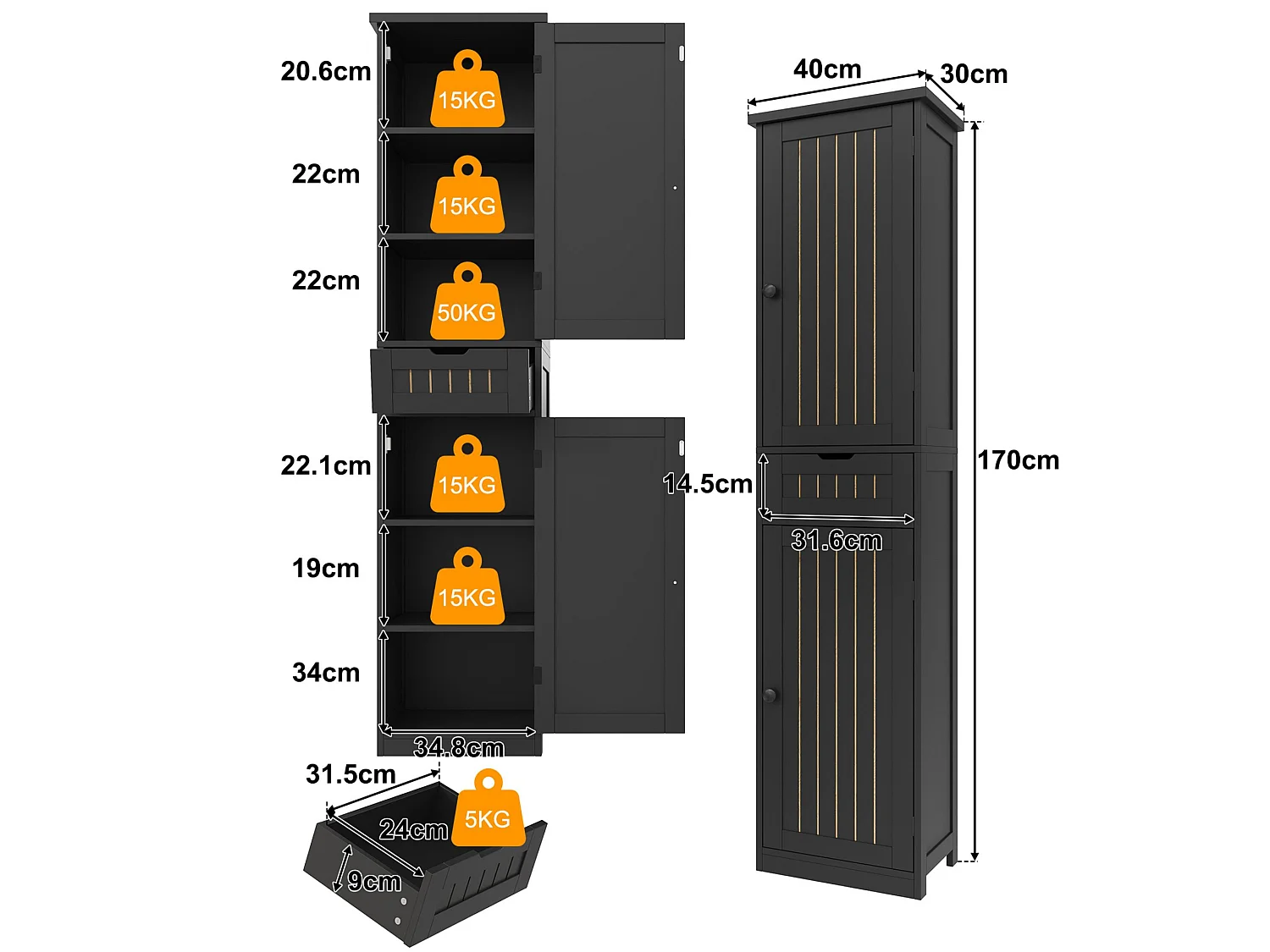 Armoire de cuisine 40 x 30 x 170 cm avec 6 compartiments, étagères réglables, tiroir et façades rainurées rétro