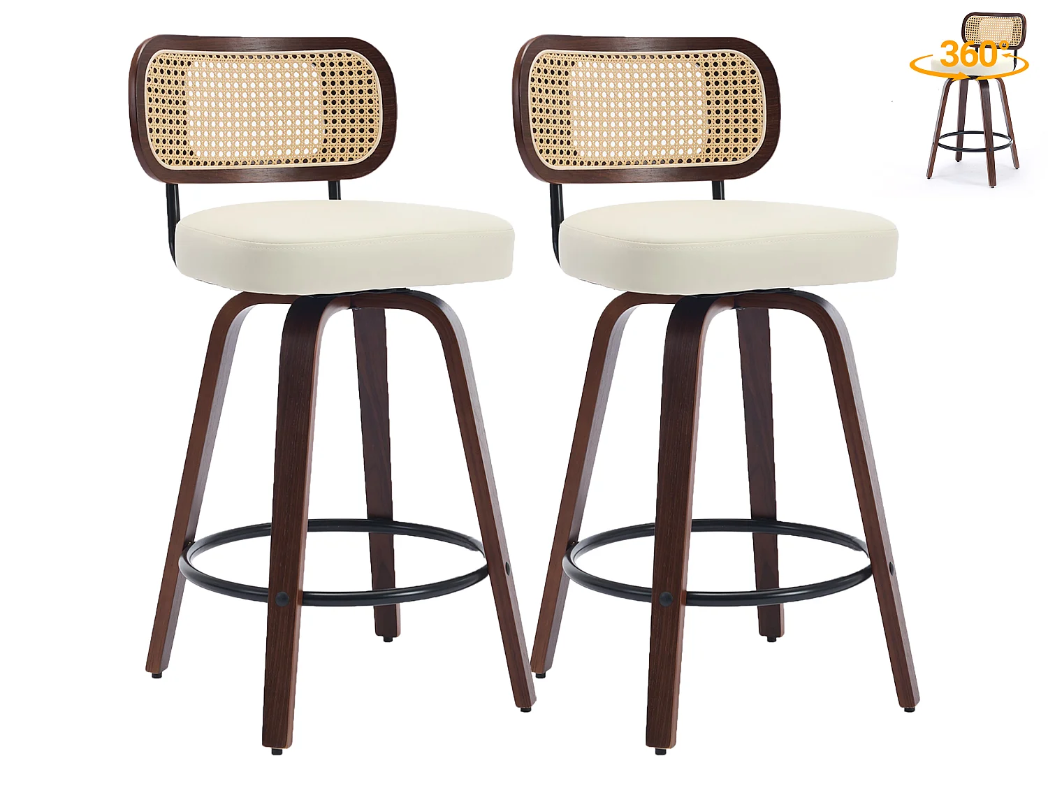 Lot de 2/3 tabourets de bar en PU avec dossier rotin et assise pivotante de 66 cm