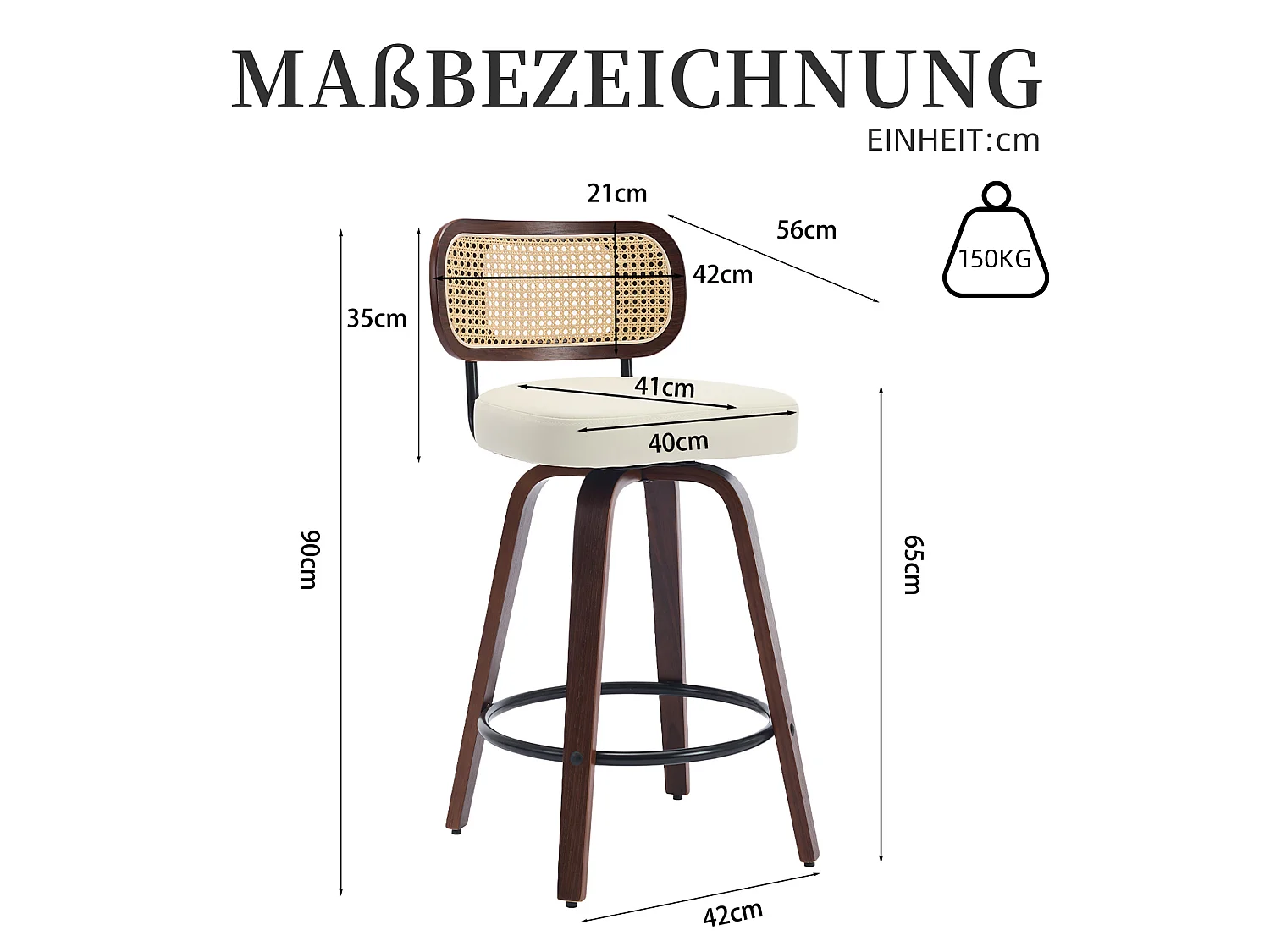 Lot de 2/3 tabourets de bar en PU avec dossier rotin et assise pivotante de 66 cm