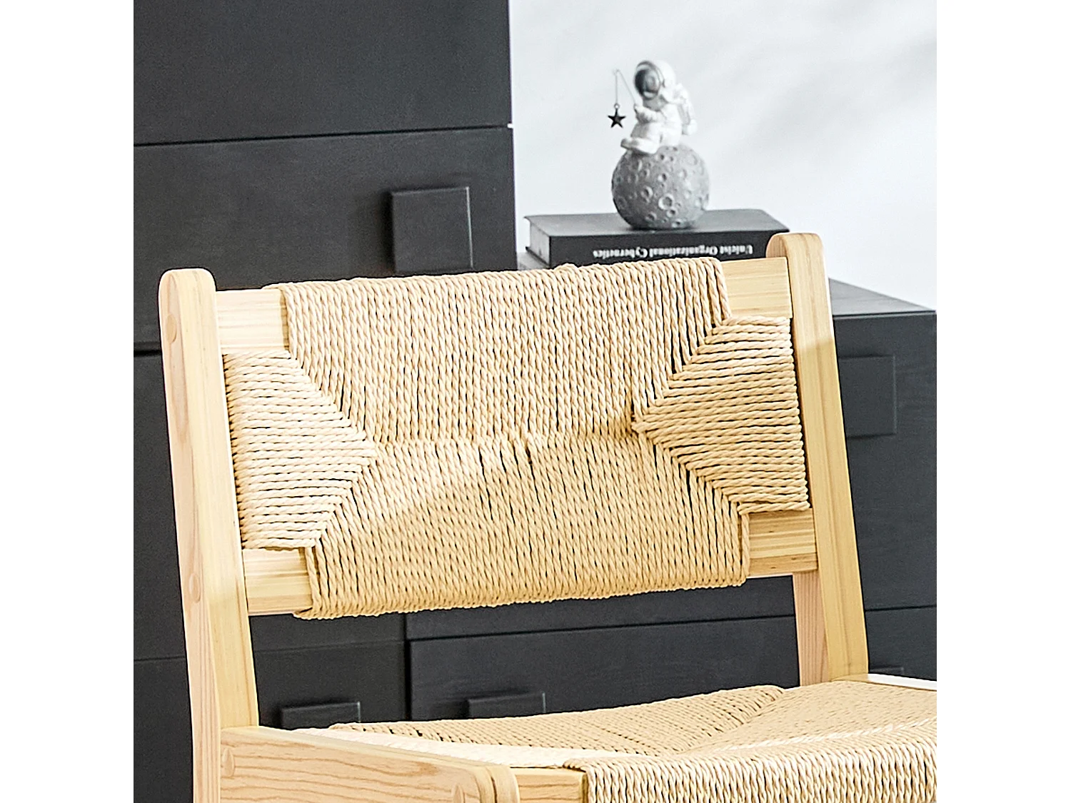 Lot de 2 tabourets de bar en papier corde avec dossier et pieds en bois 64.5 cm