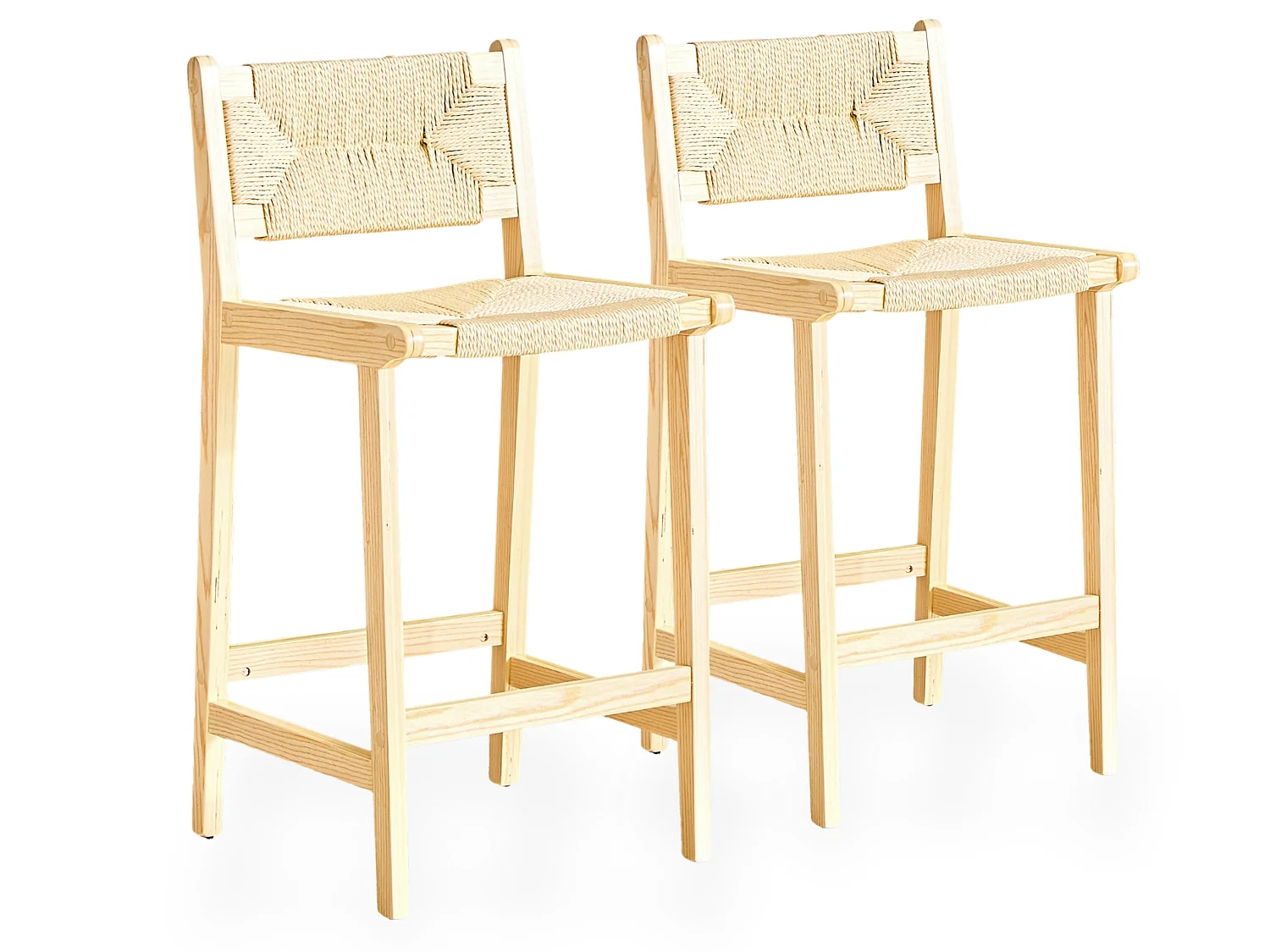Lot de 2 tabourets de bar en papier corde avec dossier et pieds en bois 64.5 cm