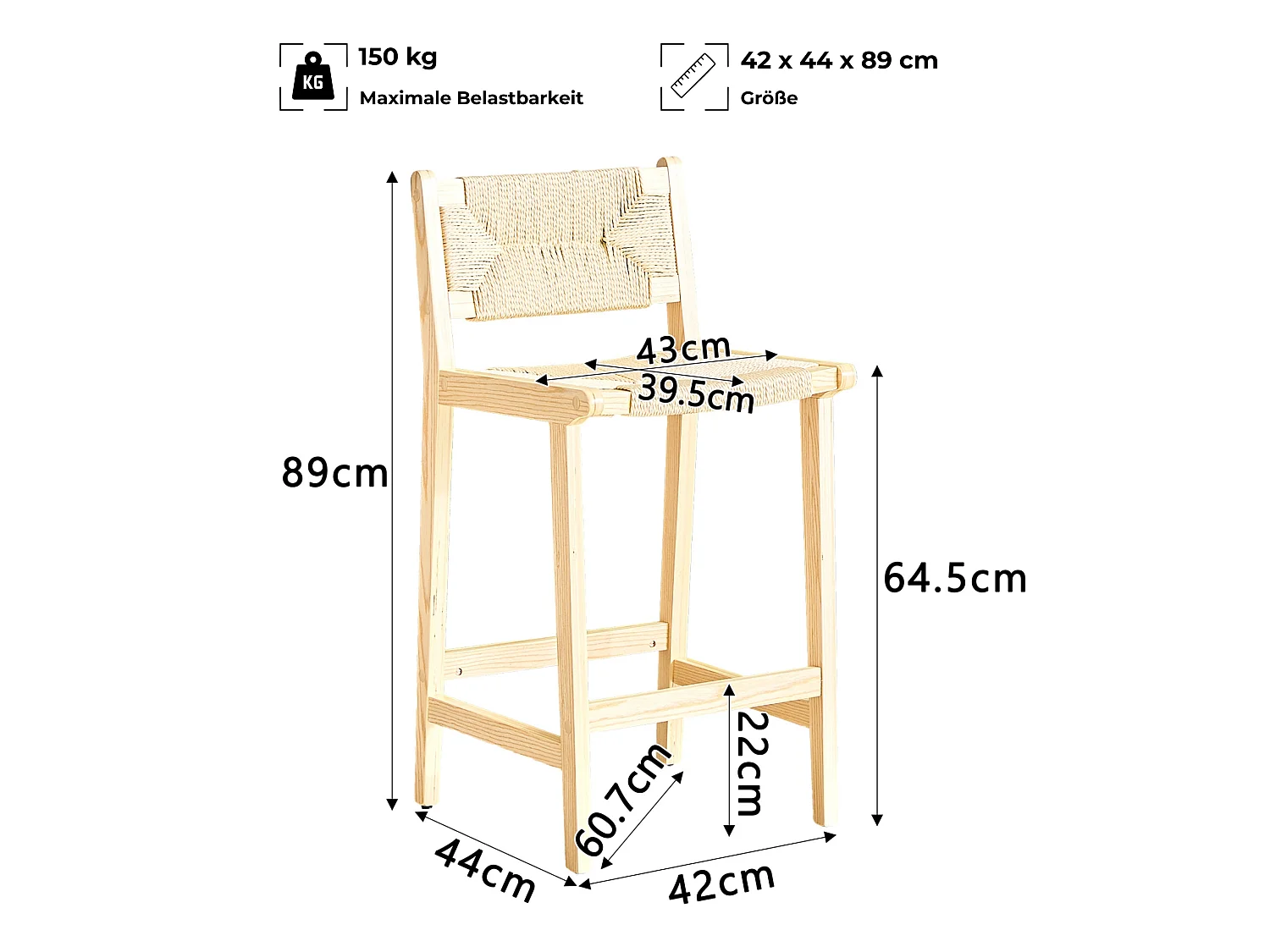 Lot de 2 tabourets de bar en papier corde avec dossier et pieds en bois 64.5 cm