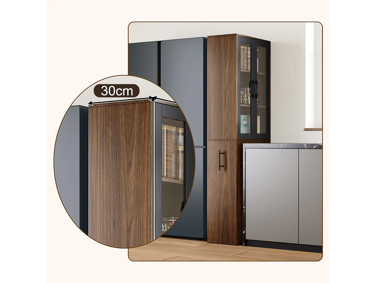 Armoire de cuisine étroite 60 x 30 x 180 cm avec chariot coulissant, portes vitrées et étagères cachées