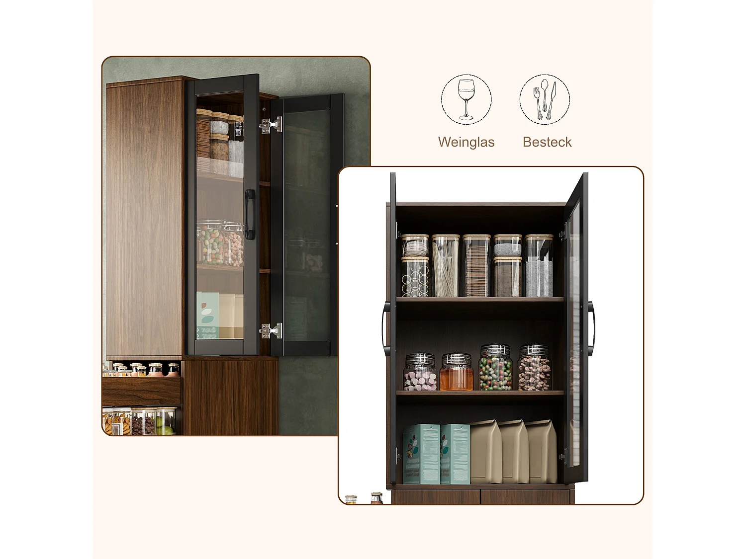 Armoire de cuisine étroite 60 x 30 x 180 cm avec chariot coulissant, portes vitrées et étagères cachées