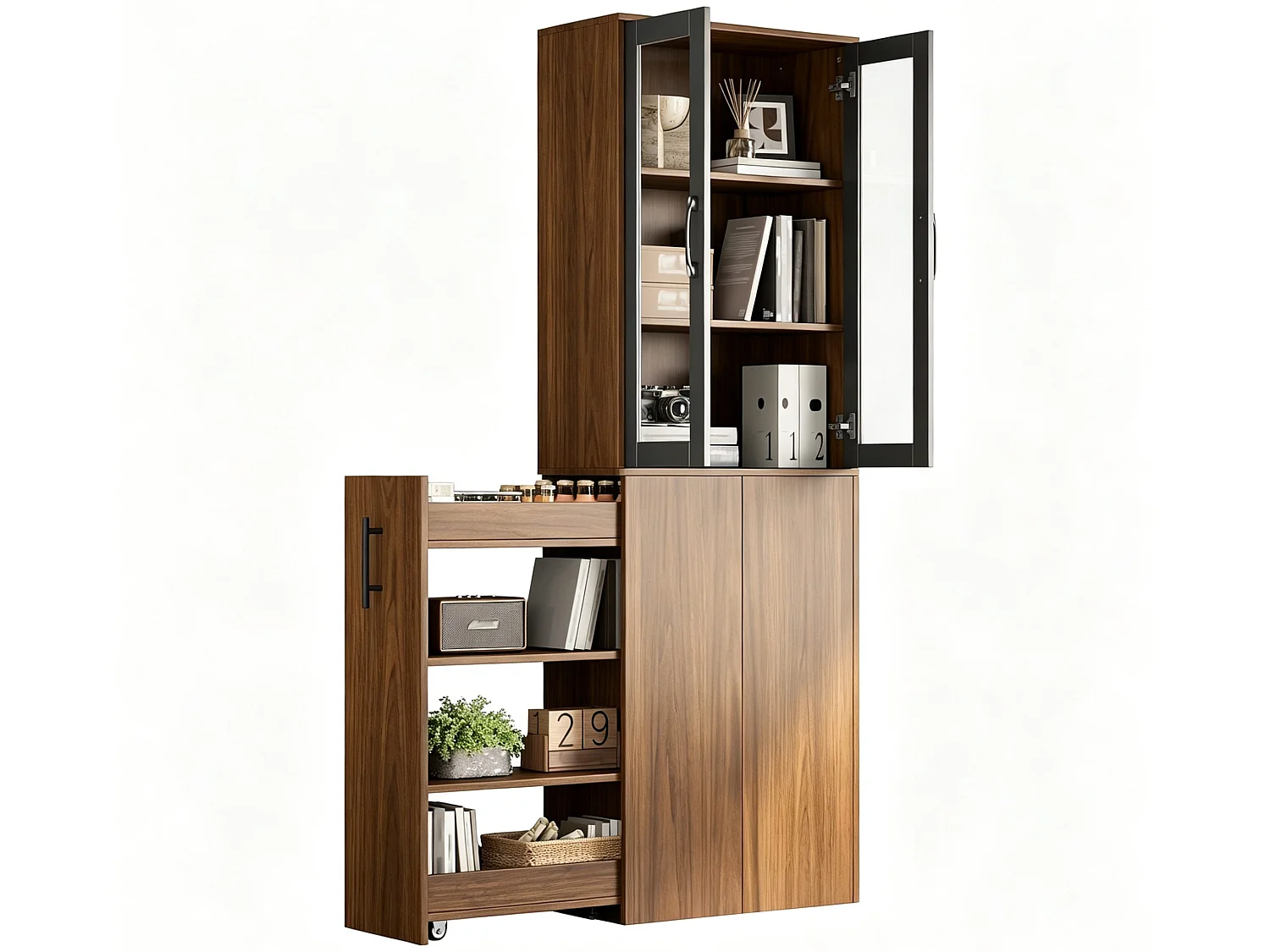Armoire de cuisine étroite 60 x 30 x 180 cm avec chariot coulissant, portes vitrées et étagères cachées