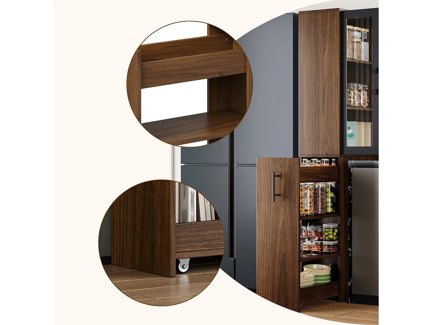 Armoire de cuisine étroite 60 x 30 x 180 cm avec chariot coulissant, portes vitrées et étagères cachées