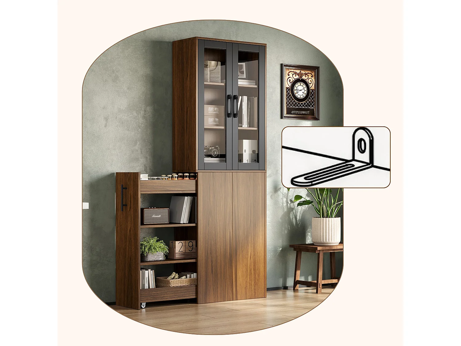 Armoire de cuisine étroite 60 x 30 x 180 cm avec chariot coulissant, portes vitrées et étagères cachées
