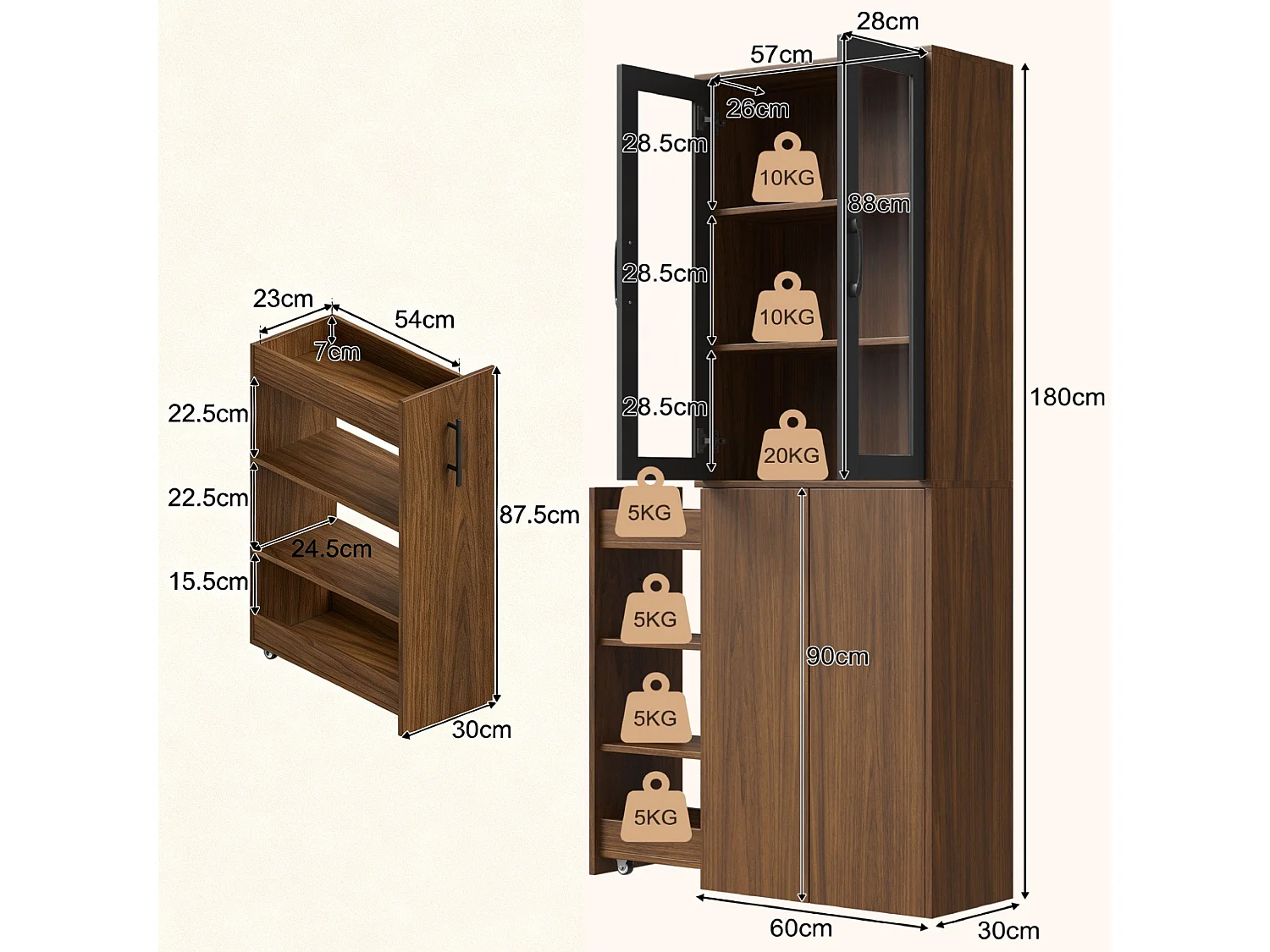 Armoire de cuisine étroite 60 x 30 x 180 cm avec chariot coulissant, portes vitrées et étagères cachées
