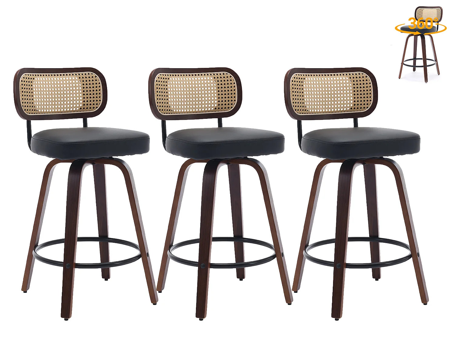 Lot de 2/3 tabourets de bar en PU avec dossier rotin et assise pivotante de 66 cm