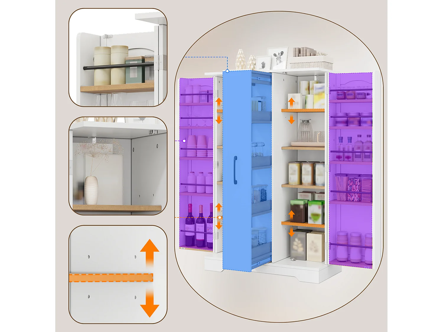 Armoire de cuisine avec rangements de porte et colonne coulissante 4 niveaux avec étagères réglables