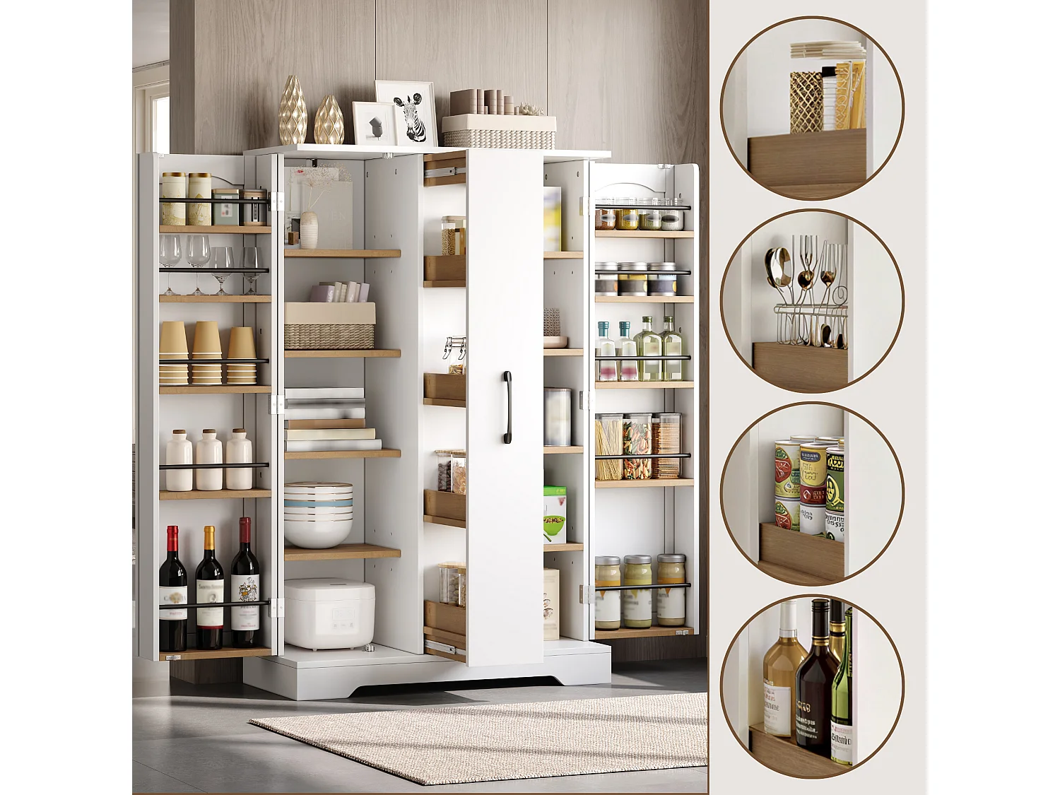Armoire de cuisine avec rangements de porte et colonne coulissante 4 niveaux avec étagères réglables