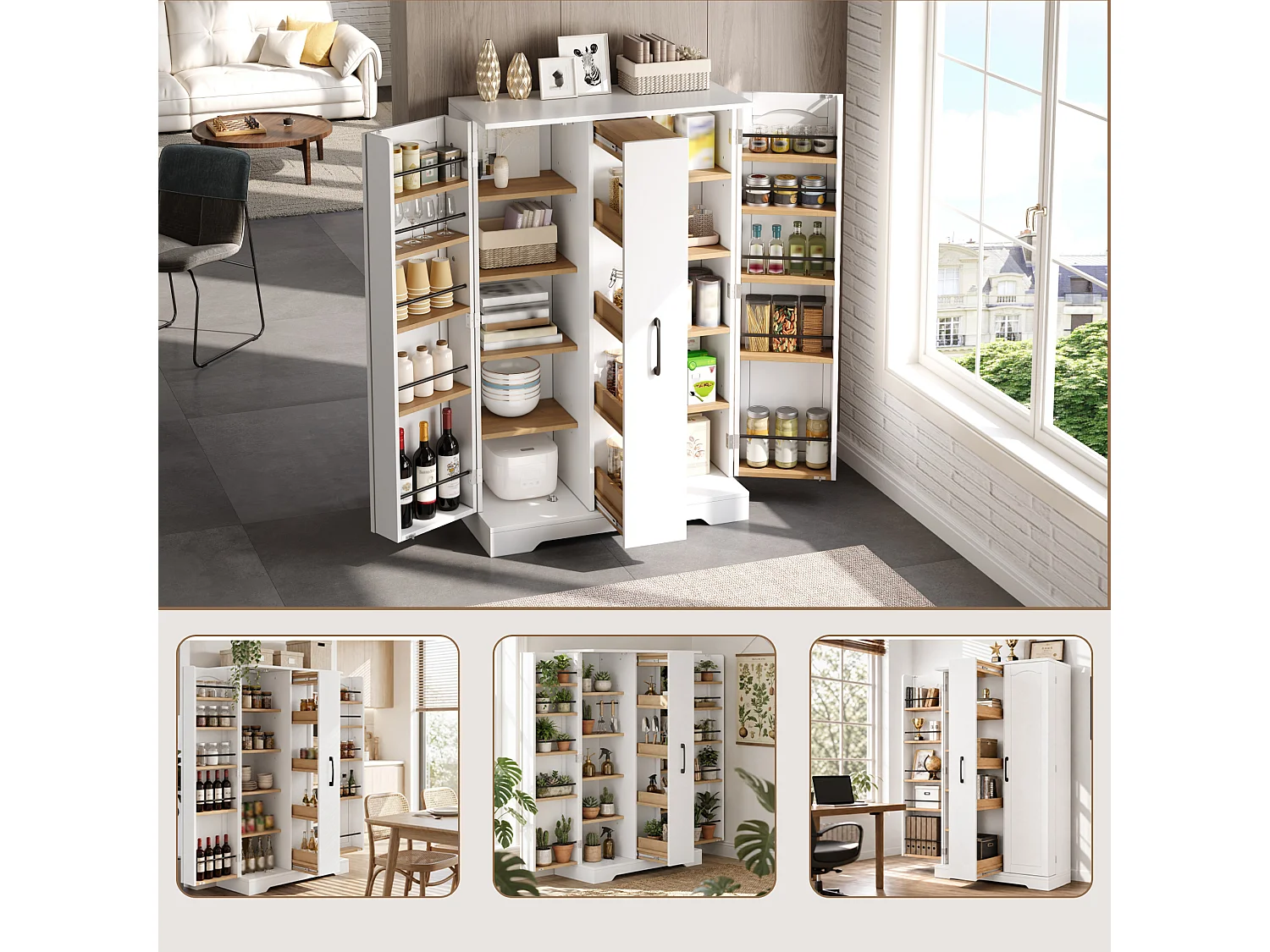 Armoire de cuisine avec rangements de porte et colonne coulissante 4 niveaux avec étagères réglables