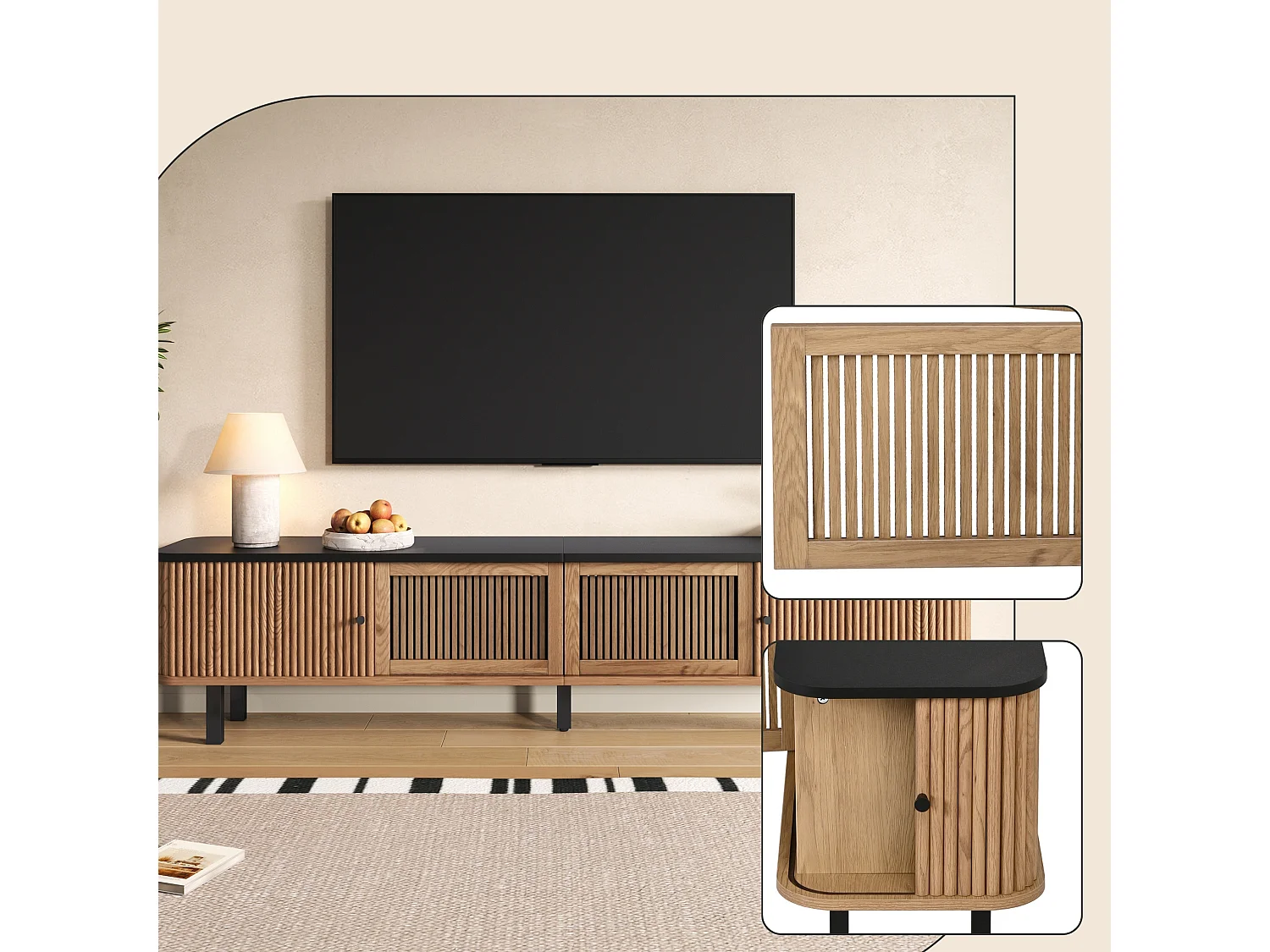 Meuble TV bas 190 cm avec portes coulissantes portes à grille 4 compartiments fermés passe cables et pieds métalliques