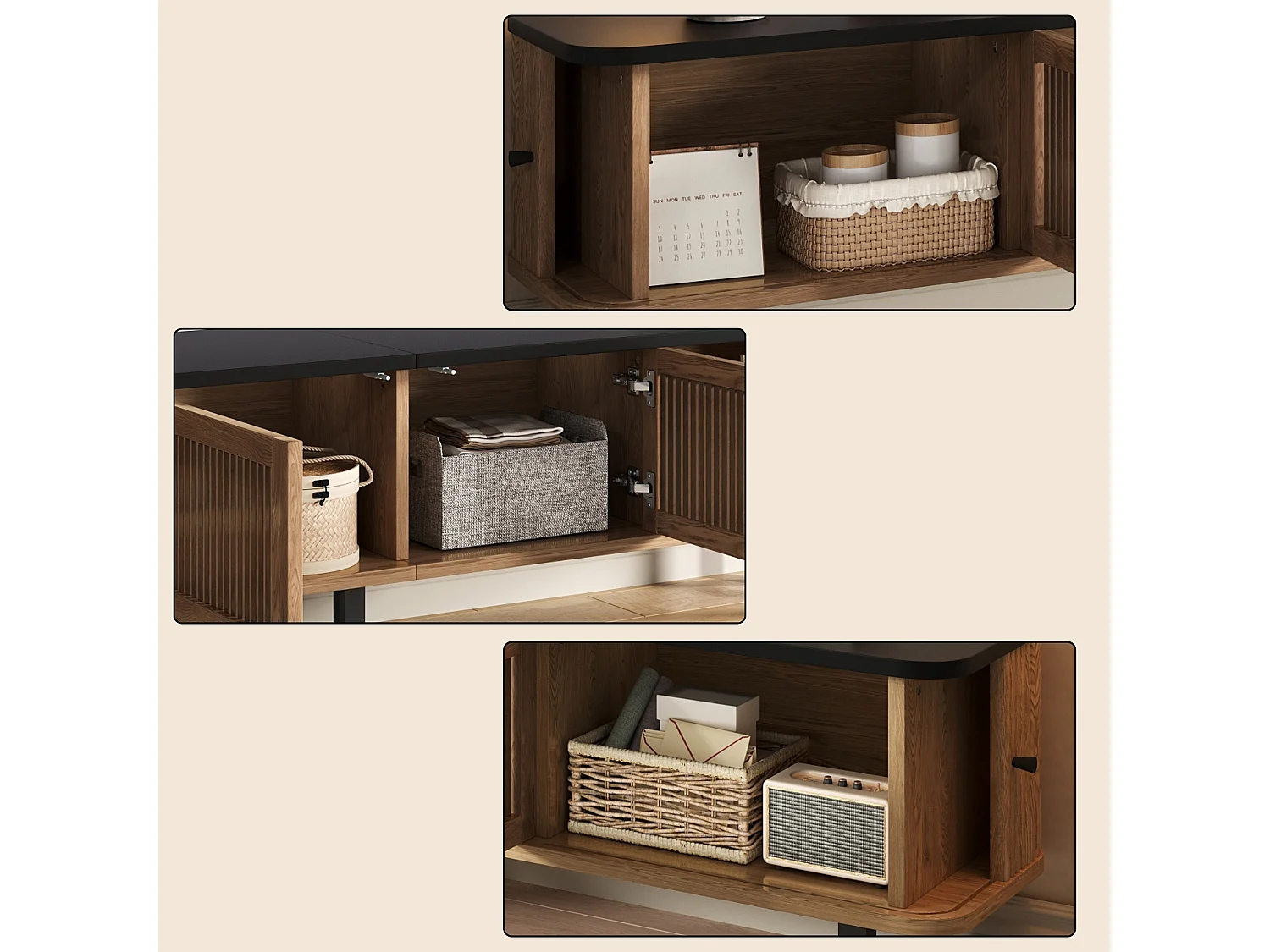 Meuble TV bas 190 cm avec portes coulissantes portes à grille 4 compartiments fermés passe cables et pieds métalliques