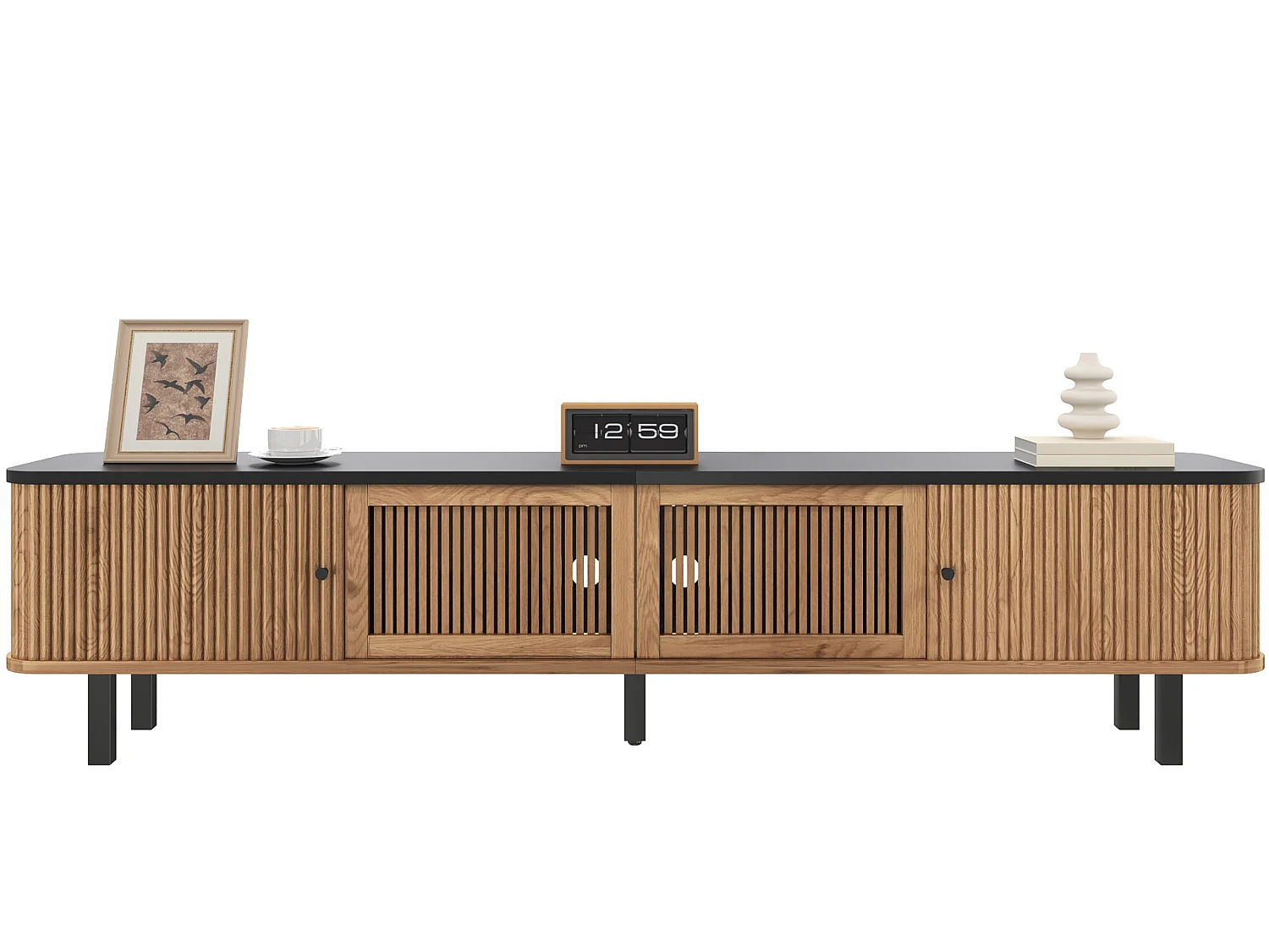 Meuble TV bas 190 cm avec portes coulissantes portes à grille 4 compartiments fermés passe cables et pieds métalliques