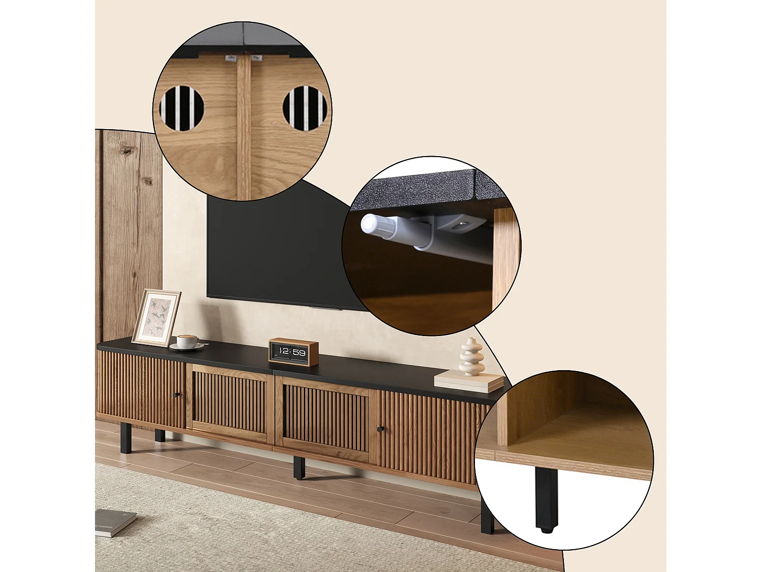 Meuble TV bas 190 cm avec portes coulissantes portes à grille 4 compartiments fermés passe cables et pieds métalliques