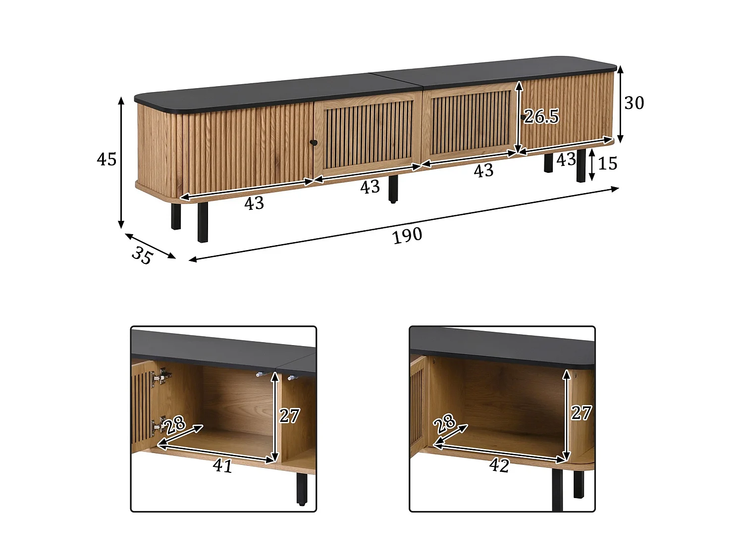 Meuble TV bas 190 cm avec portes coulissantes portes à grille 4 compartiments fermés passe cables et pieds métalliques