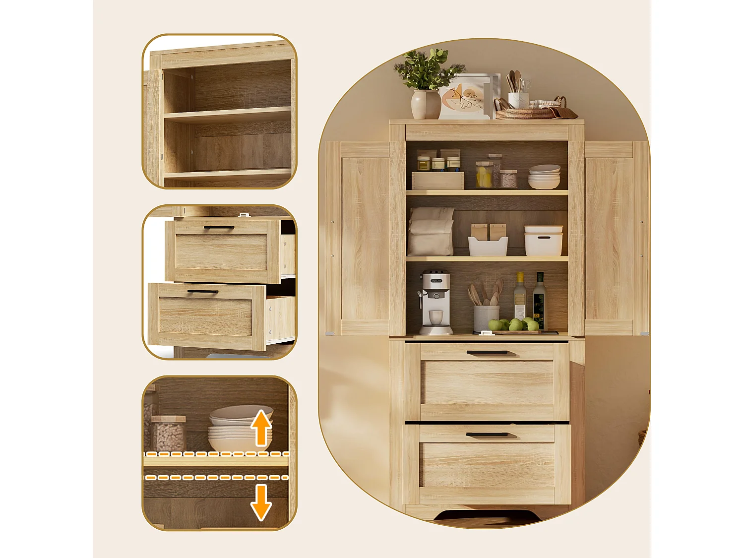 Buffet de cuisine 128 cm avec étagères réglables, 2 tiroirs et rangement fermé style campagne