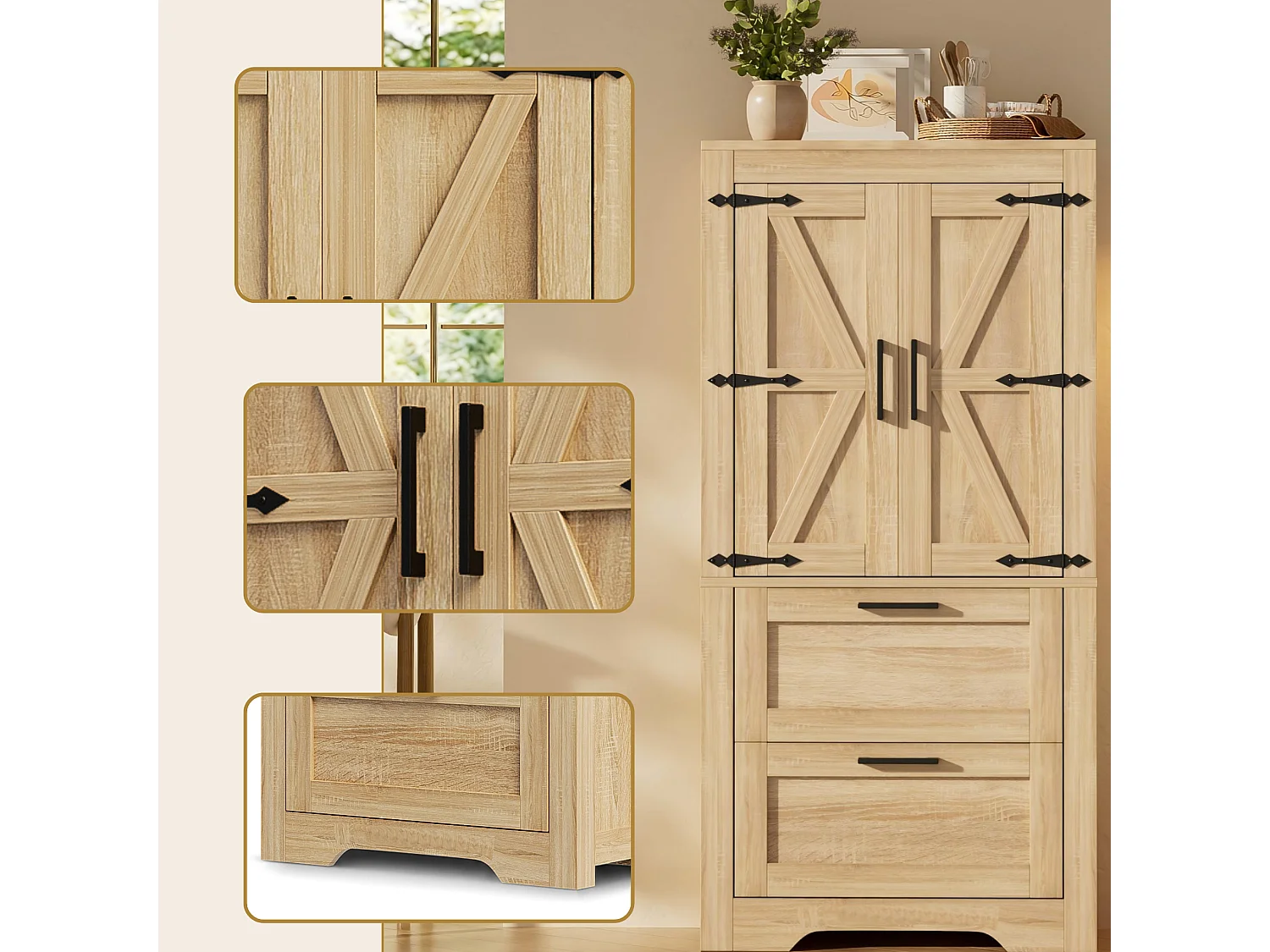 Buffet de cuisine 128 cm avec étagères réglables, 2 tiroirs et rangement fermé style campagne