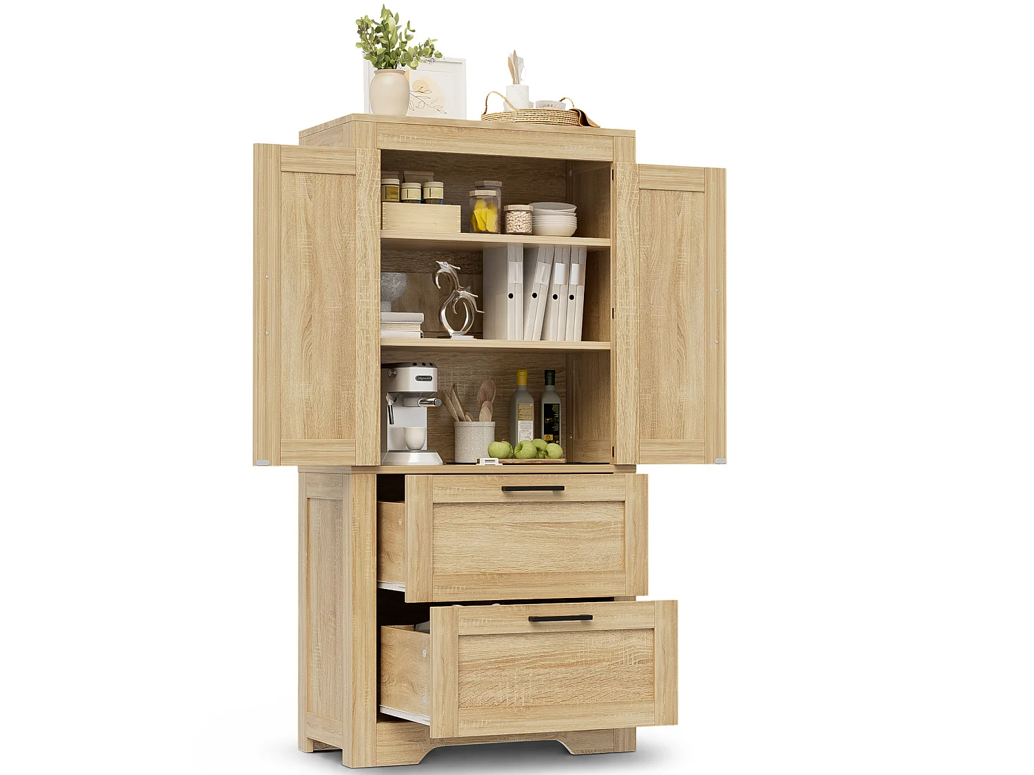 Buffet de cuisine 128 cm avec étagères réglables, 2 tiroirs et rangement fermé style campagne