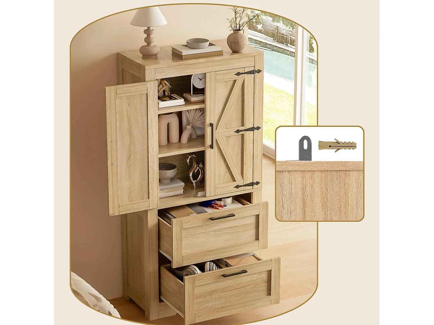Buffet de cuisine 128 cm avec étagères réglables, 2 tiroirs et rangement fermé style campagne