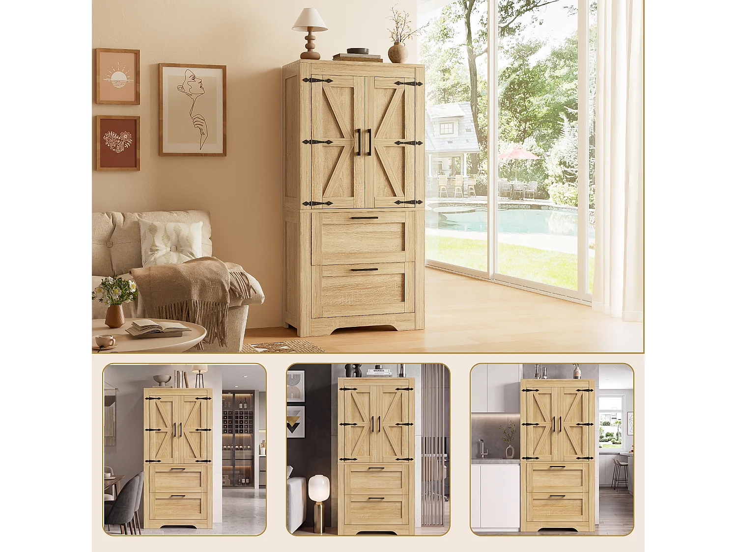 Buffet de cuisine 128 cm avec étagères réglables, 2 tiroirs et rangement fermé style campagne