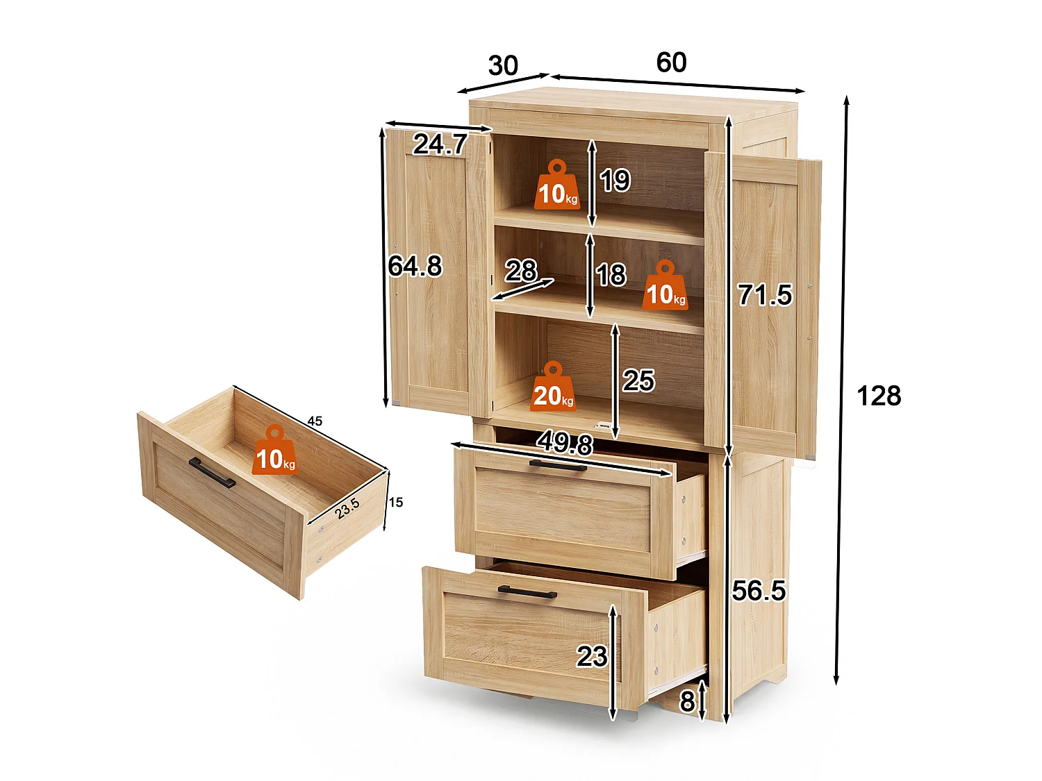Buffet de cuisine 128 cm avec étagères réglables, 2 tiroirs et rangement fermé style campagne