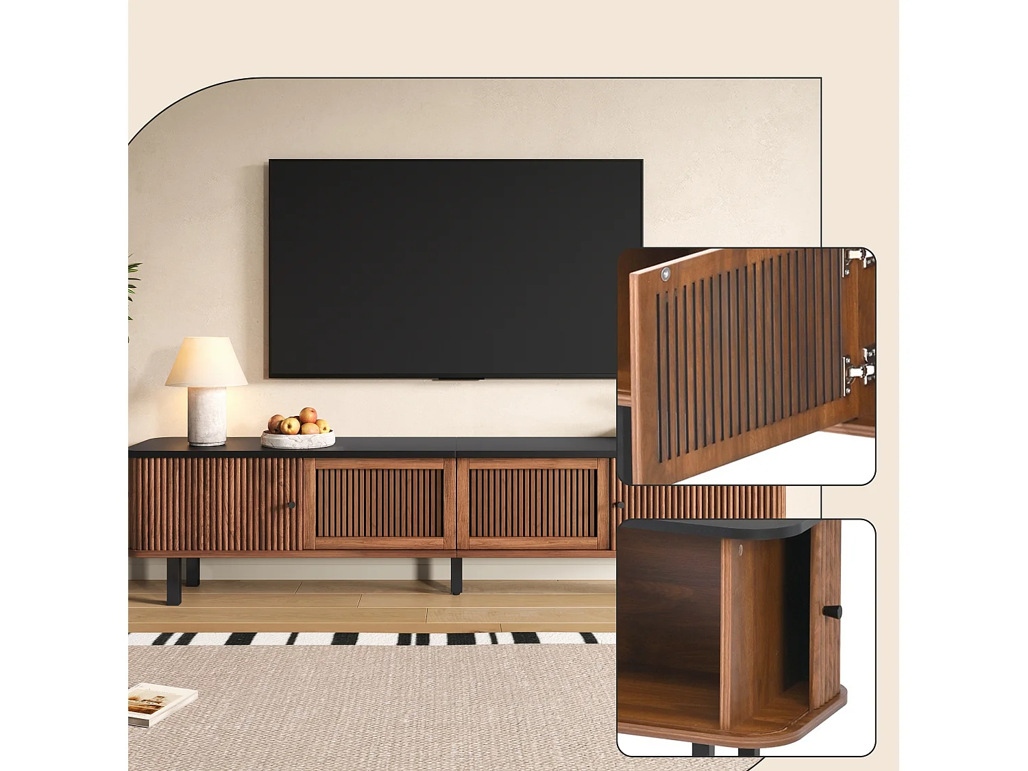 Mueble bajo TV 190 cm con puertas correderas puertas de rejilla 4 compartimentos cerrados pasacables y patas metálicas
