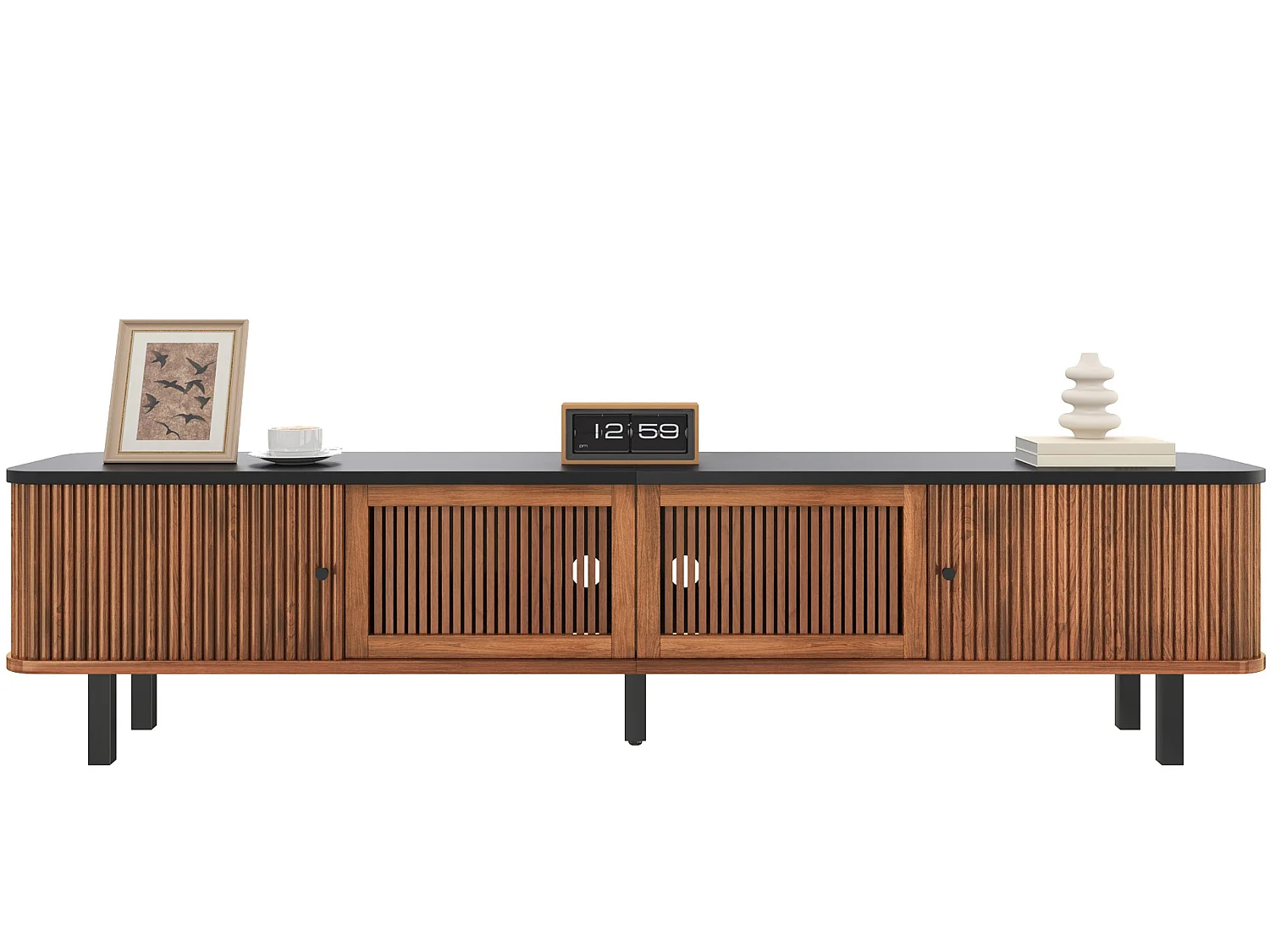 Mueble bajo TV 190 cm con puertas correderas puertas de rejilla 4 compartimentos cerrados pasacables y patas metálicas