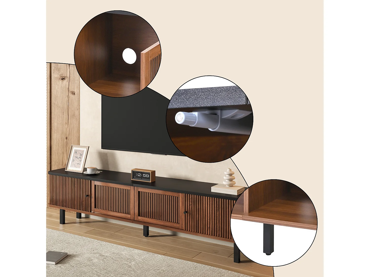 Mueble bajo TV 190 cm con puertas correderas puertas de rejilla 4 compartimentos cerrados pasacables y patas metálicas