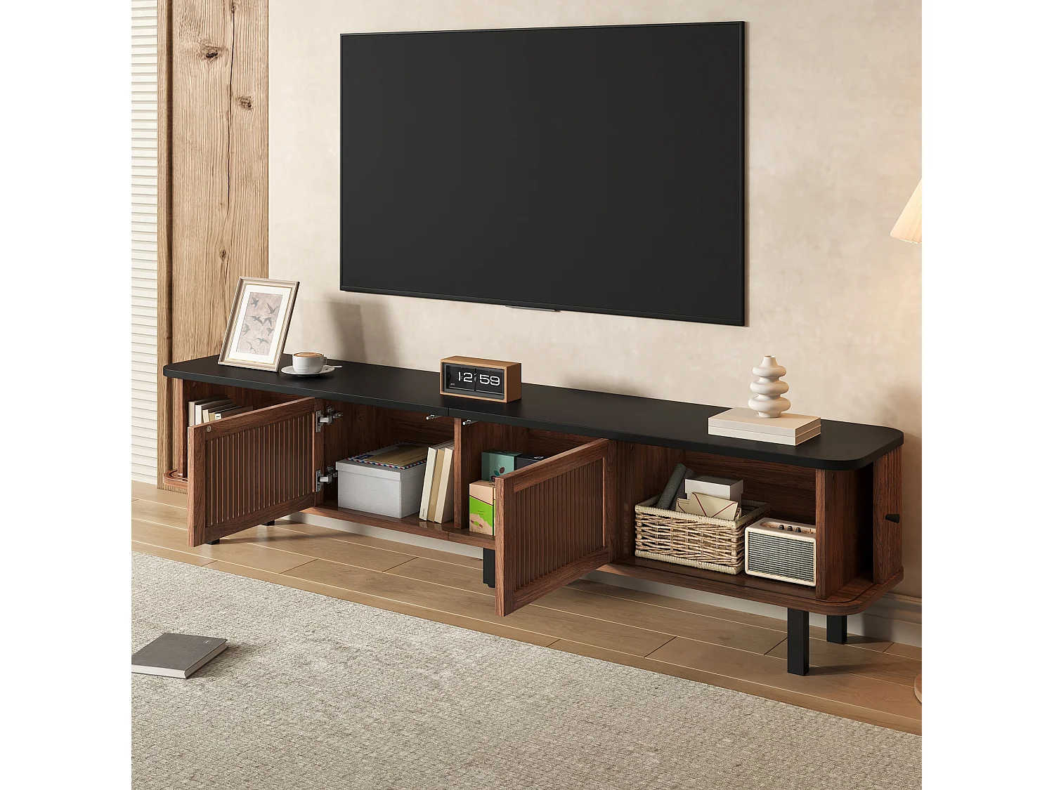 Mueble bajo TV 190 cm con puertas correderas puertas de rejilla 4 compartimentos cerrados pasacables y patas metálicas