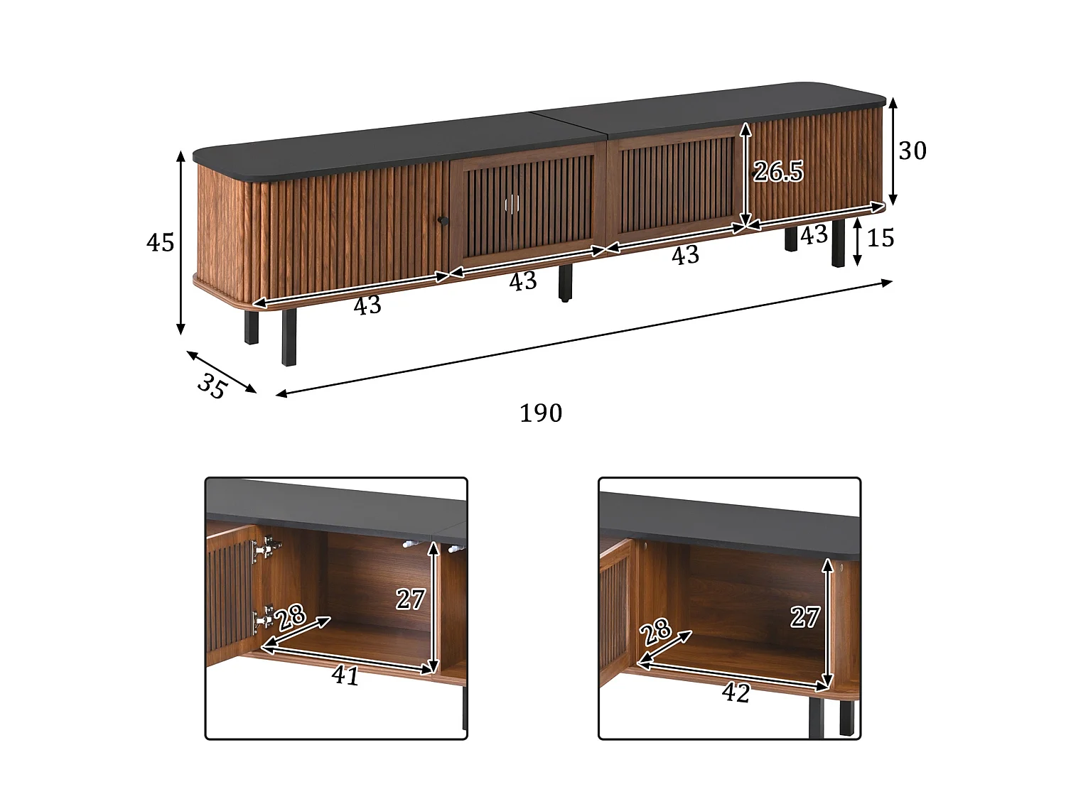Mueble bajo TV 190 cm con puertas correderas puertas de rejilla 4 compartimentos cerrados pasacables y patas metálicas